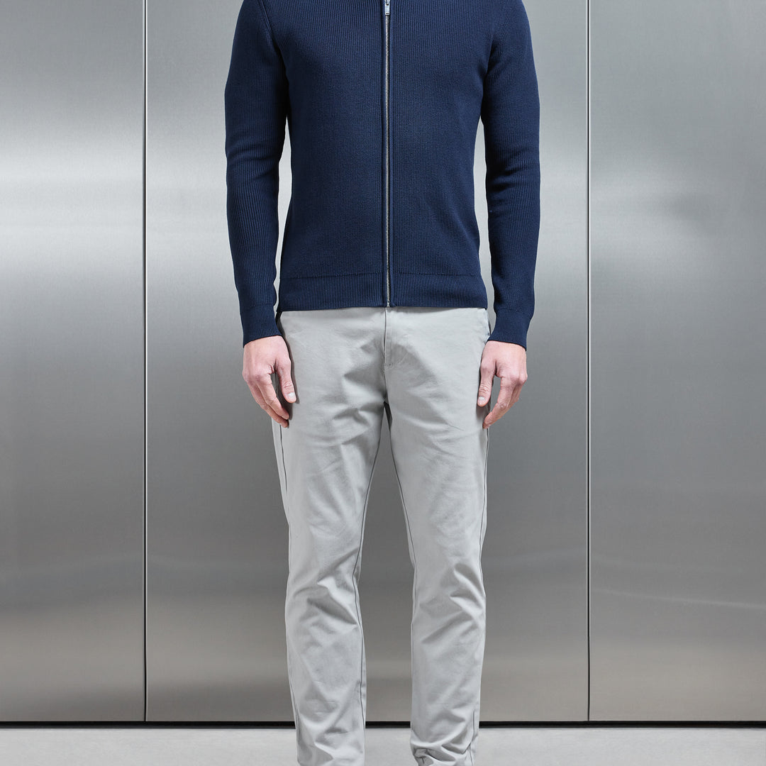 Knitted Ribbed Funnel Neck Zip Through Jacket in Navy