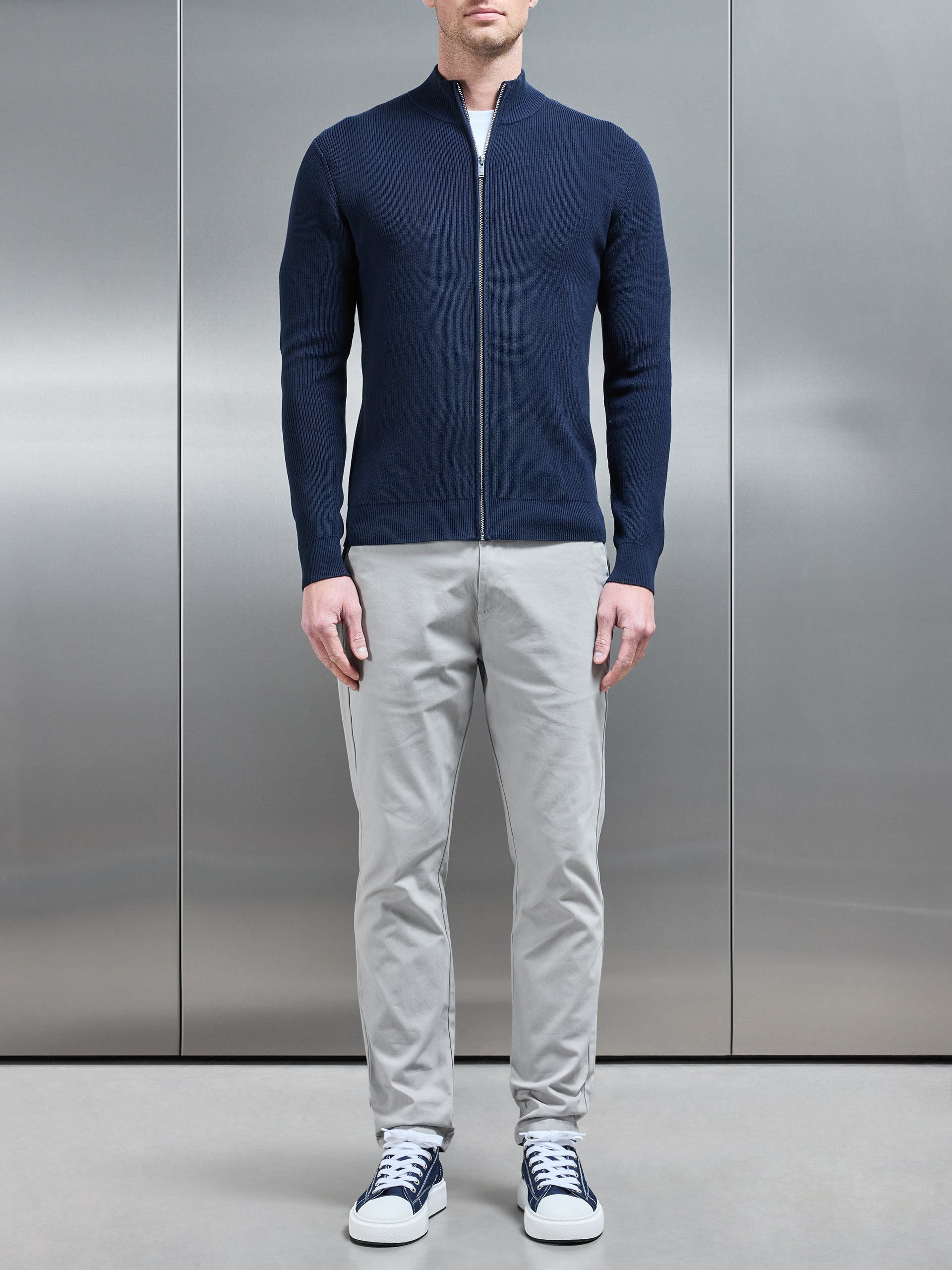 Knitted Ribbed Funnel Neck Zip Through Jacket in Navy