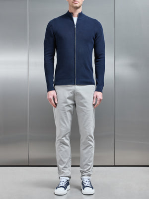 Knitted Ribbed Funnel Neck Zip Through Jacket in Navy