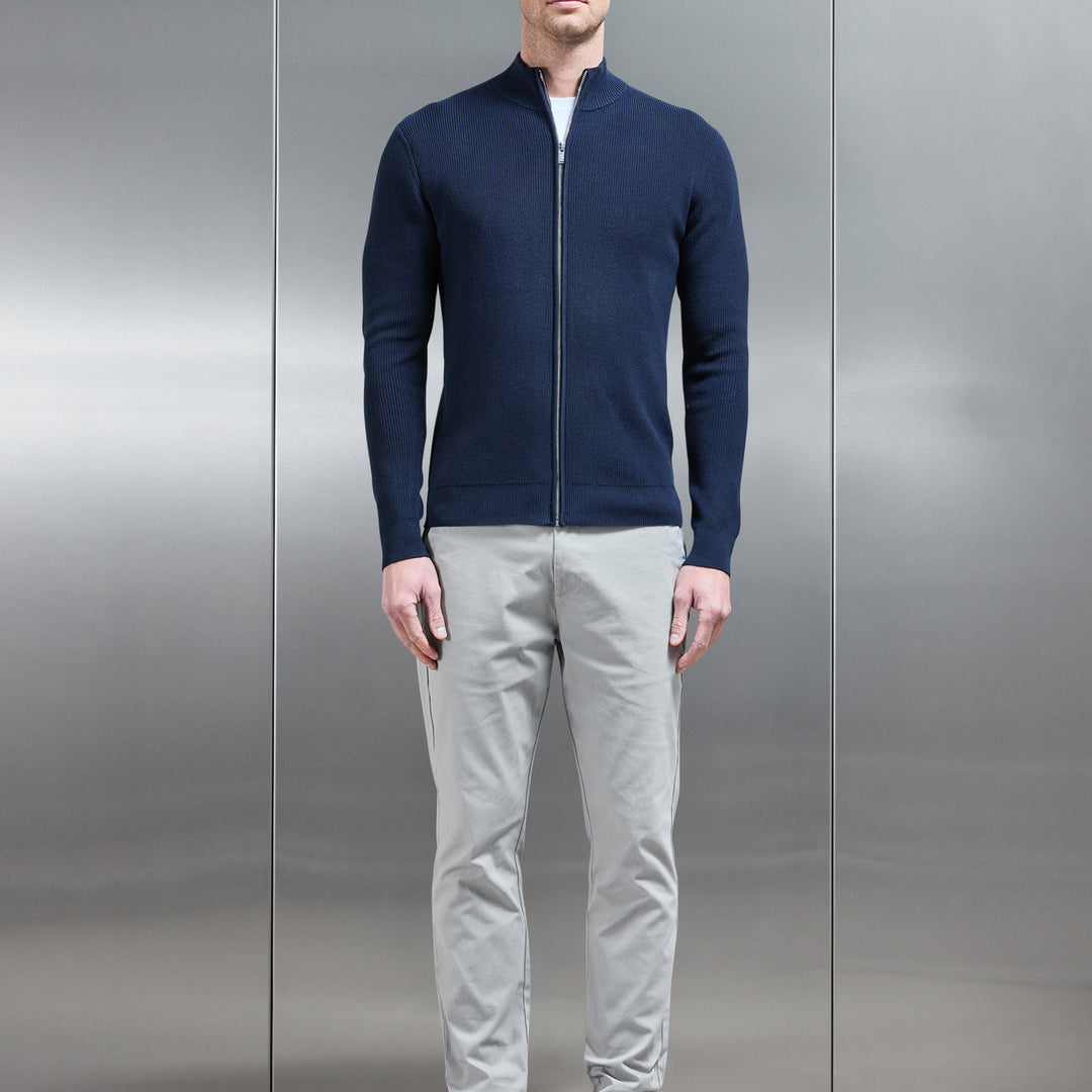 Knitted Ribbed Funnel Neck Zip Through Jacket in Navy