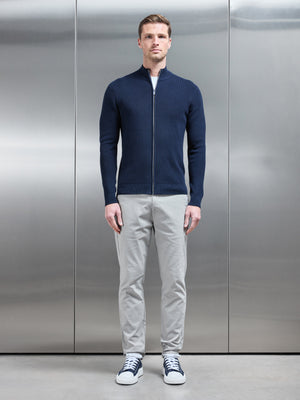Knitted Ribbed Funnel Neck Zip Through Jacket in Navy