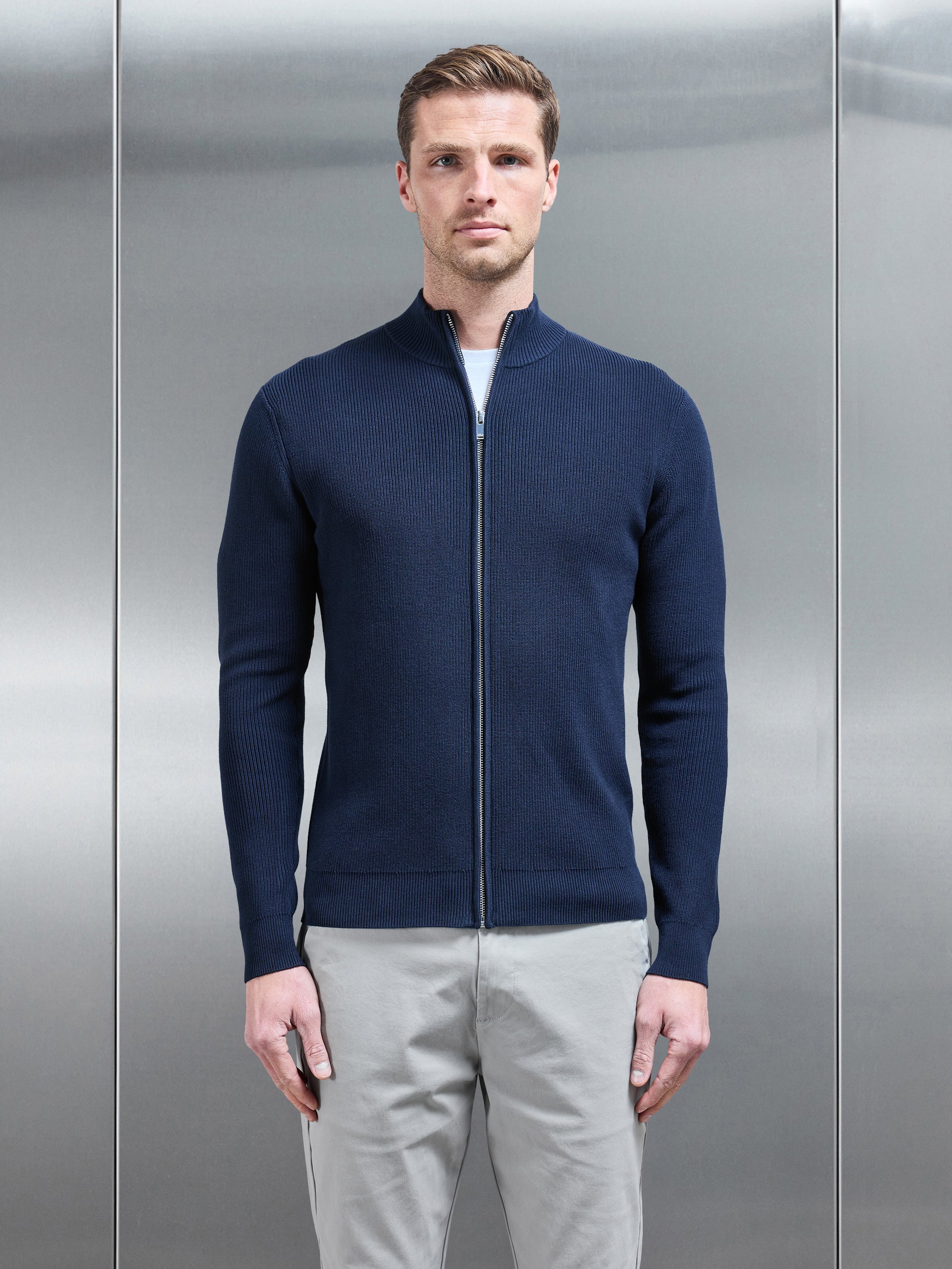 Knitted Ribbed Funnel Neck Zip Through Jacket in Navy
