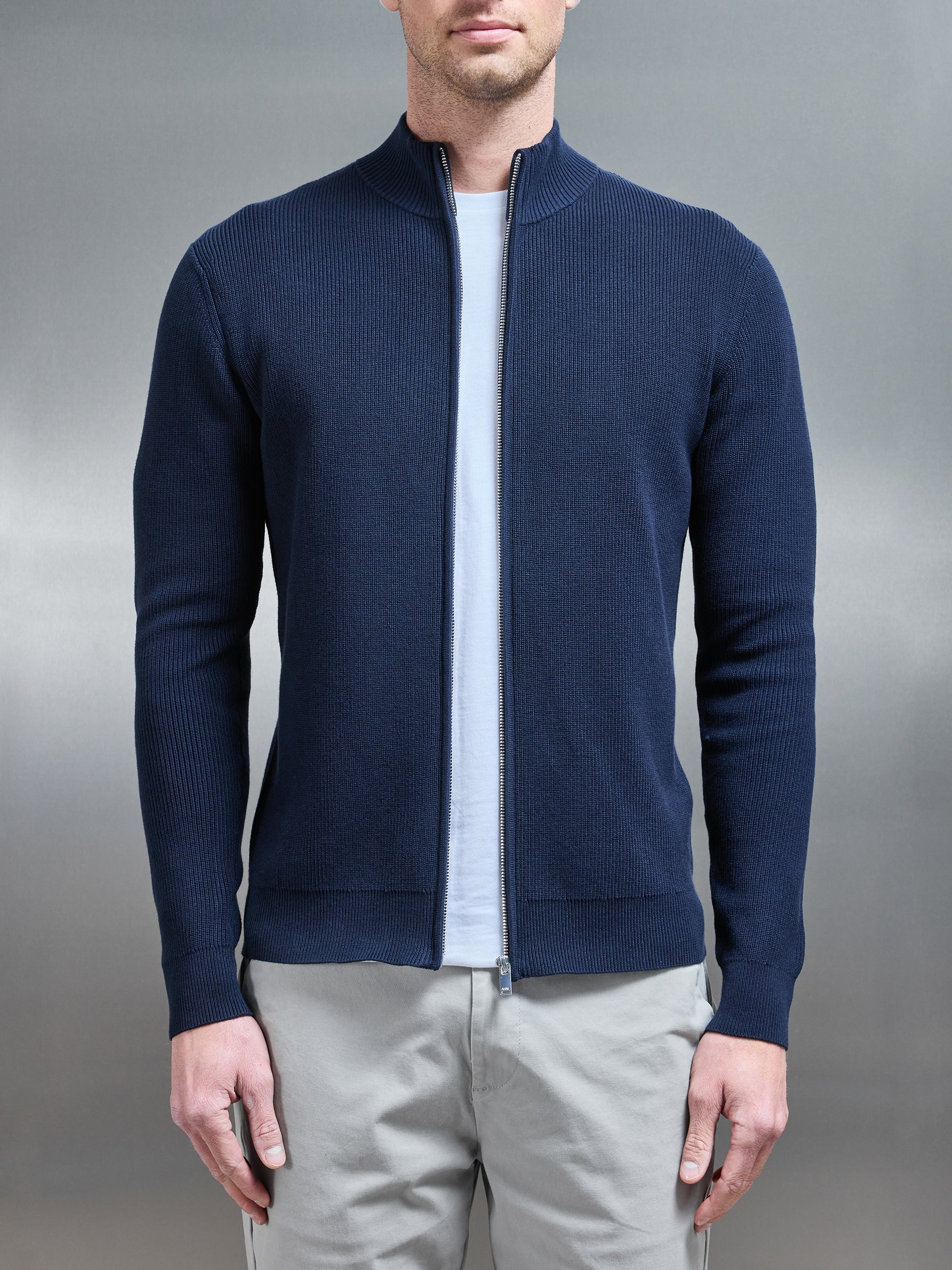 Knitted Ribbed Funnel Neck Zip Through Jacket in Navy