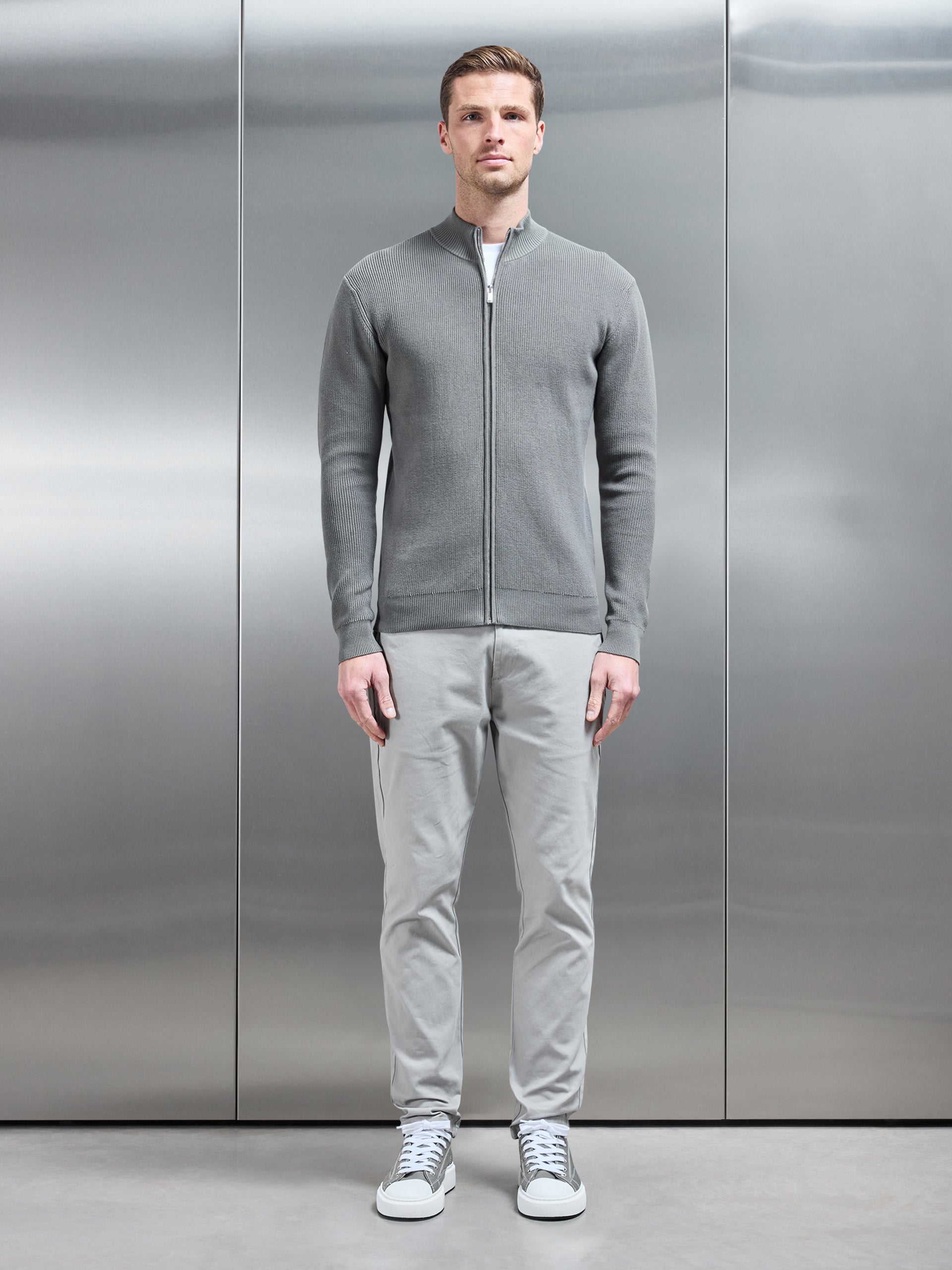 Knitted Ribbed Funnel Neck Zip Through Jacket in Sage