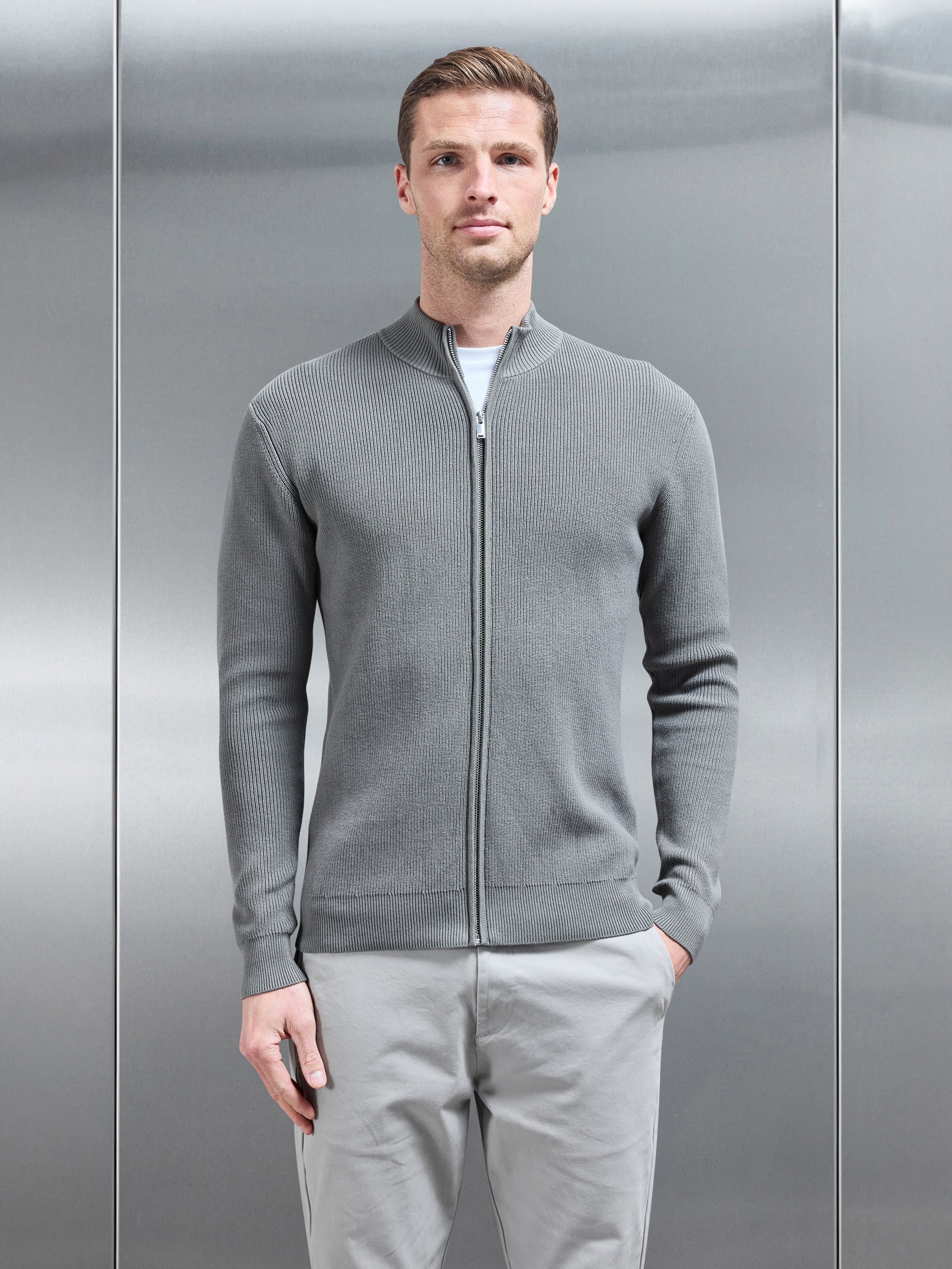 Knitted Ribbed Funnel Neck Zip Through Jacket in Sage
