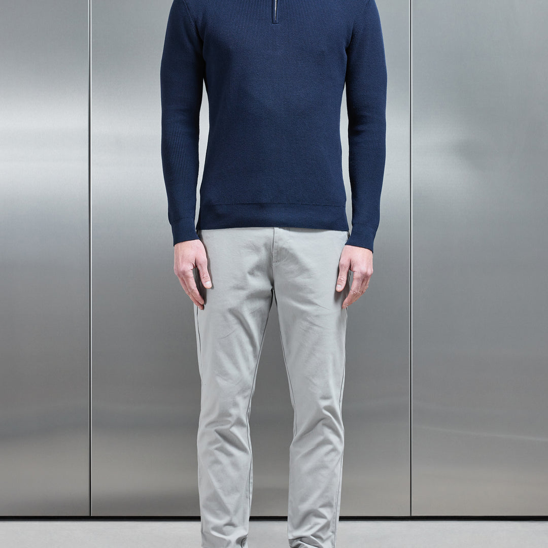 Knitted Ribbed Half Zip Funnel Neck Jumper in Navy
