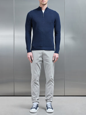 Knitted Ribbed Half Zip Funnel Neck Jumper in Navy