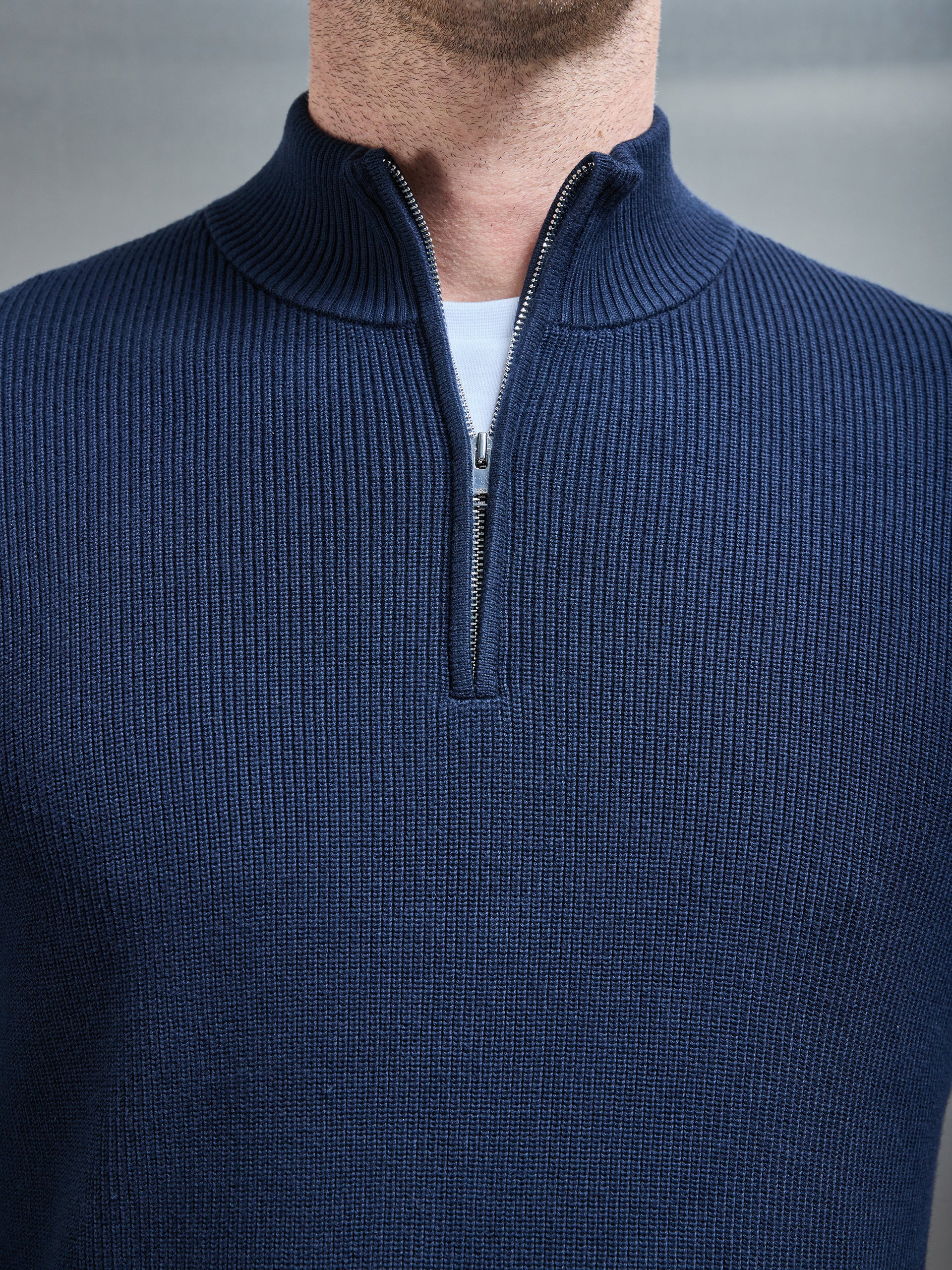Knitted Ribbed Half Zip Funnel Neck Jumper in Navy