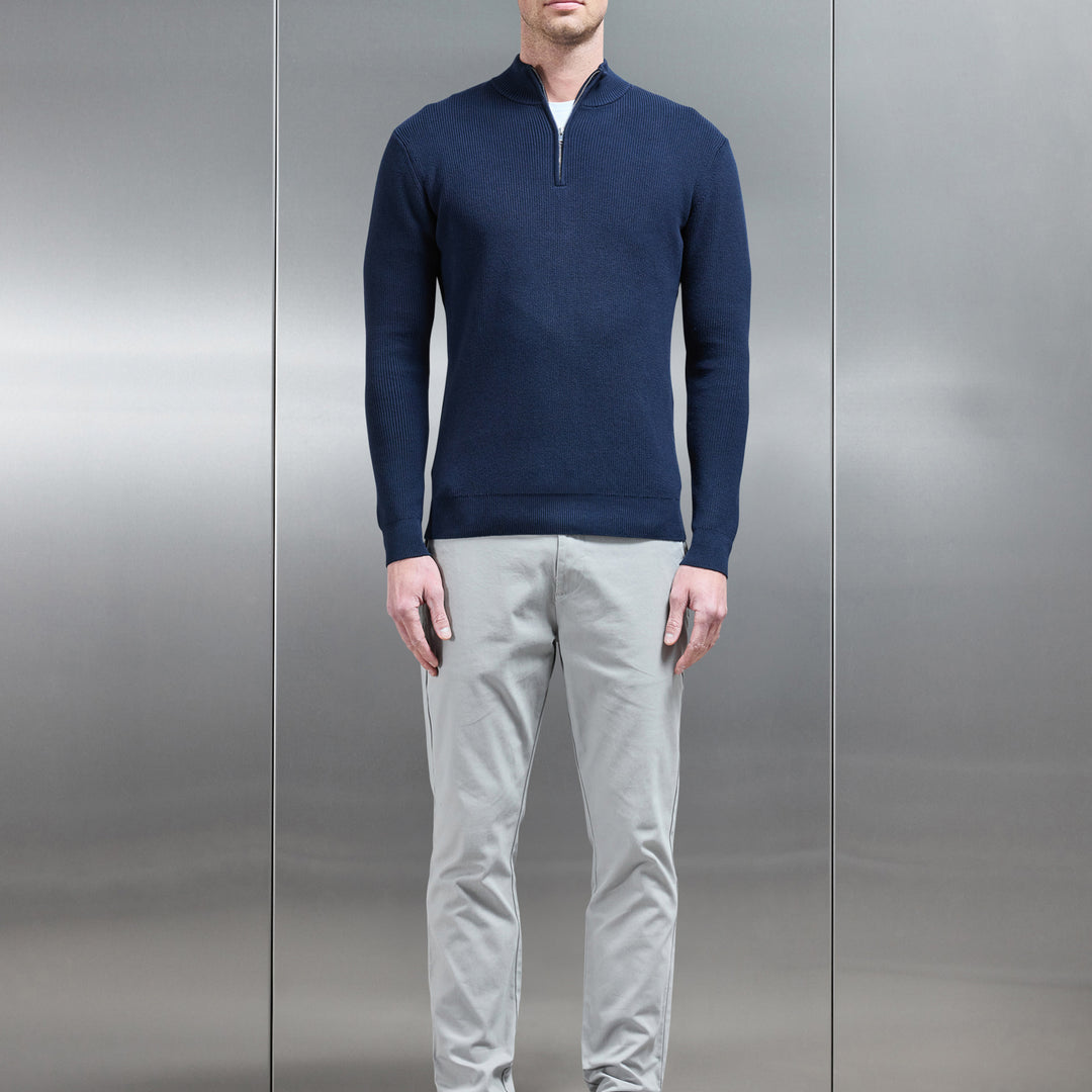 Knitted Ribbed Half Zip Funnel Neck Jumper in Navy
