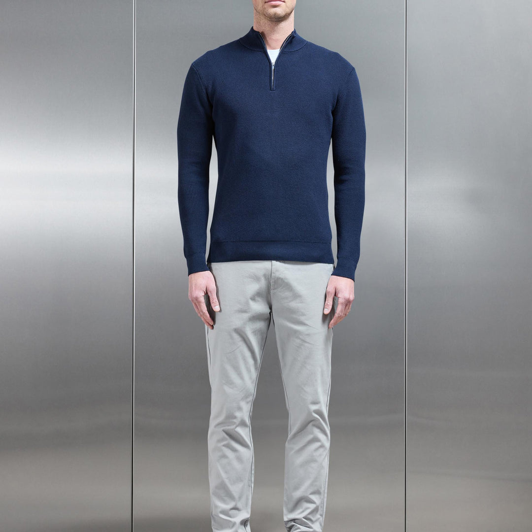 Knitted Ribbed Half Zip Funnel Neck Jumper in Navy