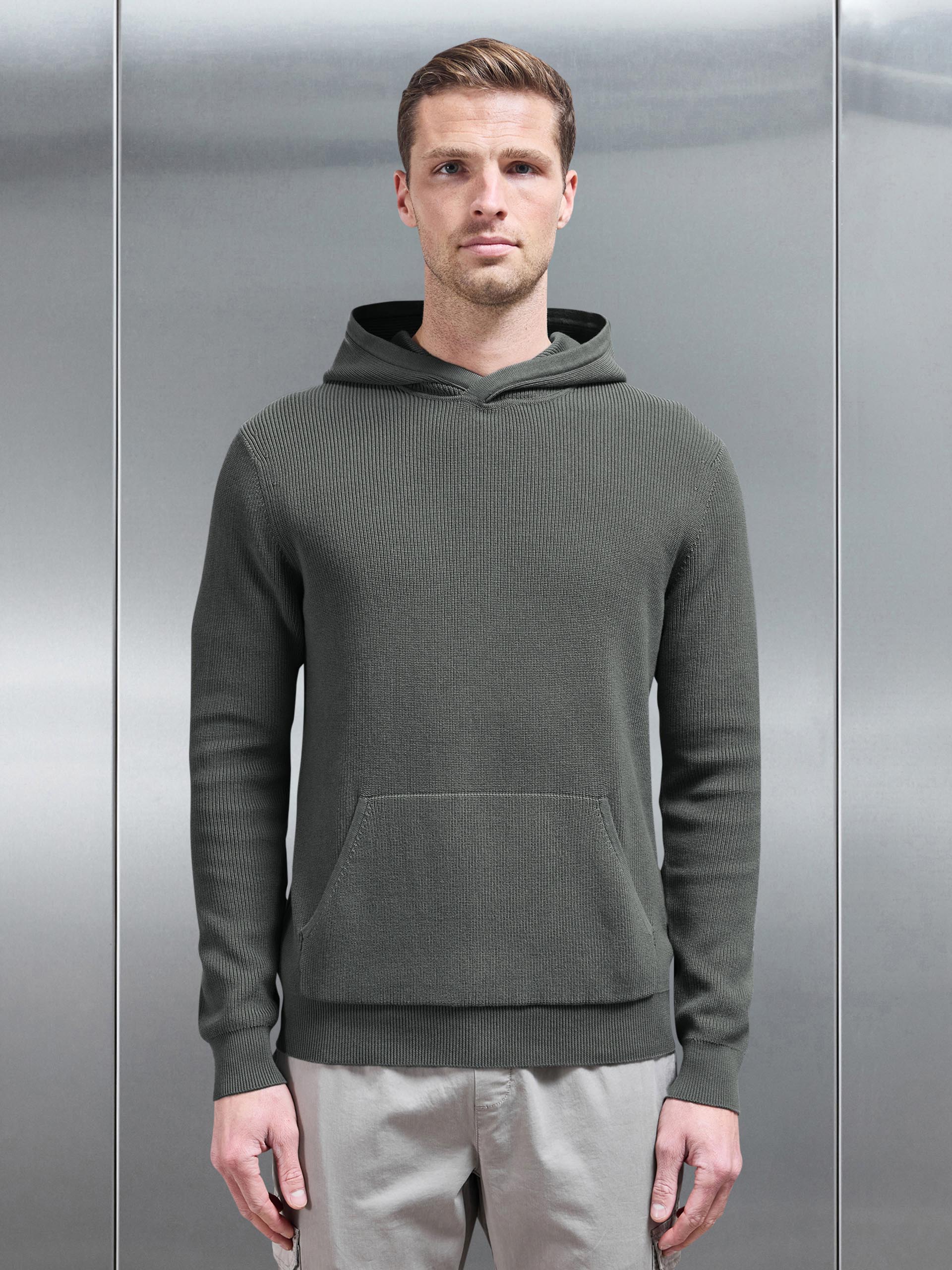 Knitted Ribbed Hoodie in Sage