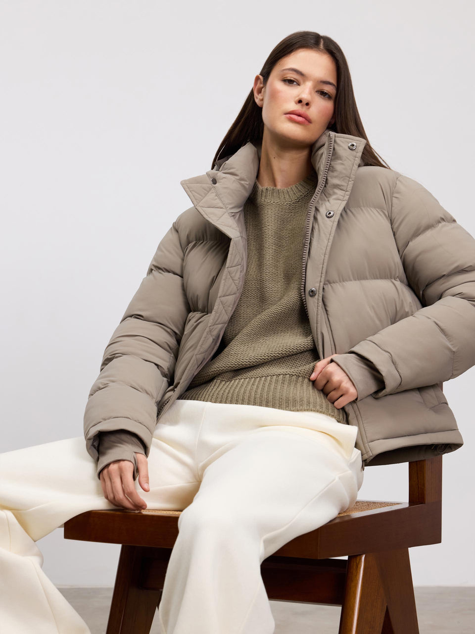 Womens Short Length Puffer Jacket in Stone