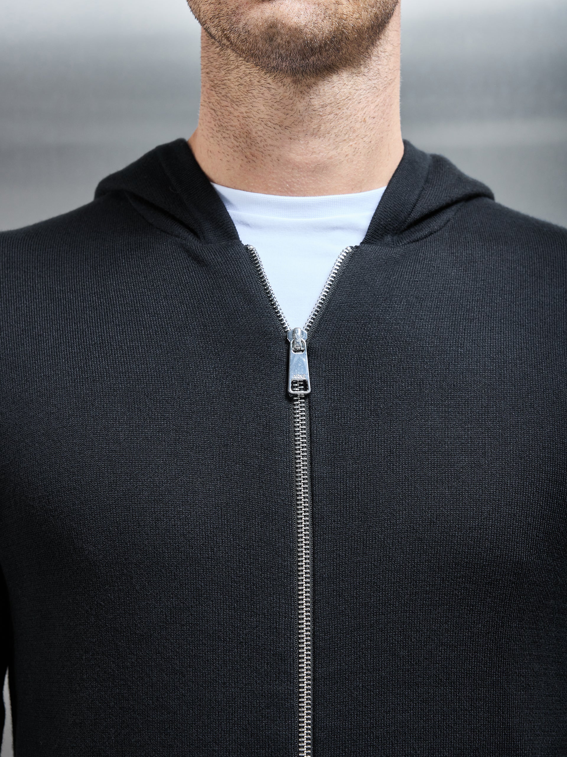 Knitted Zip Through Hoodie in Black