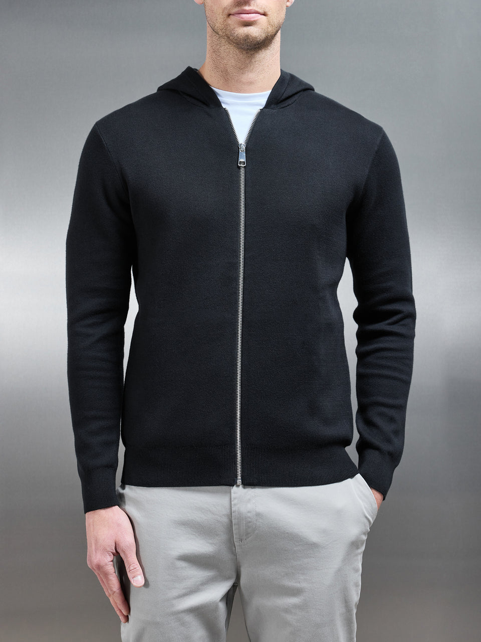 Knitted Zip Through Hoodie in Black