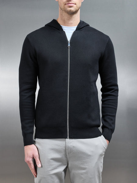 Knitted Zip Through Hoodie in Black