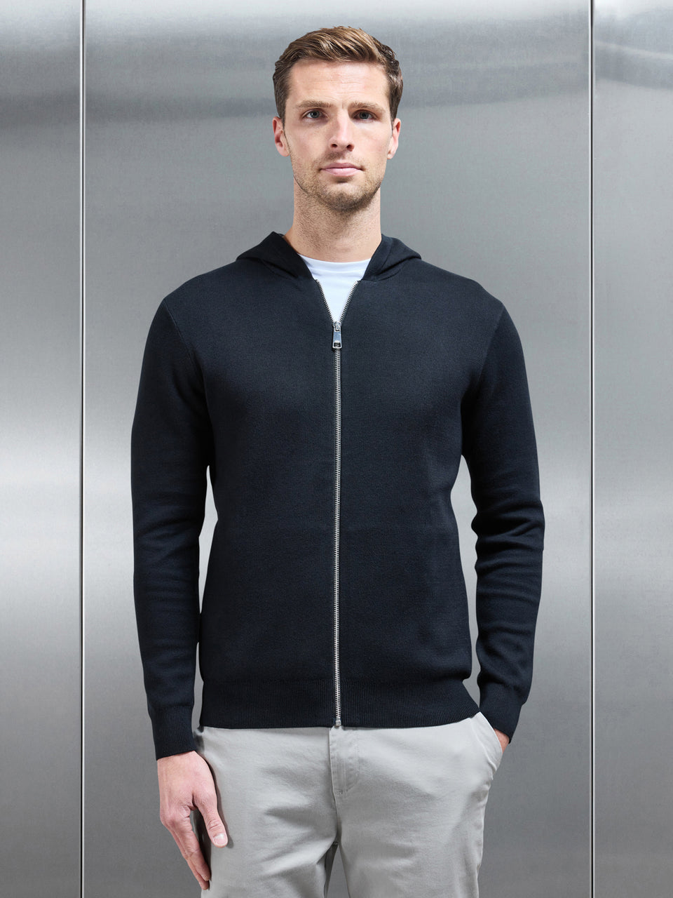 Knitted Zip Through Hoodie in Black