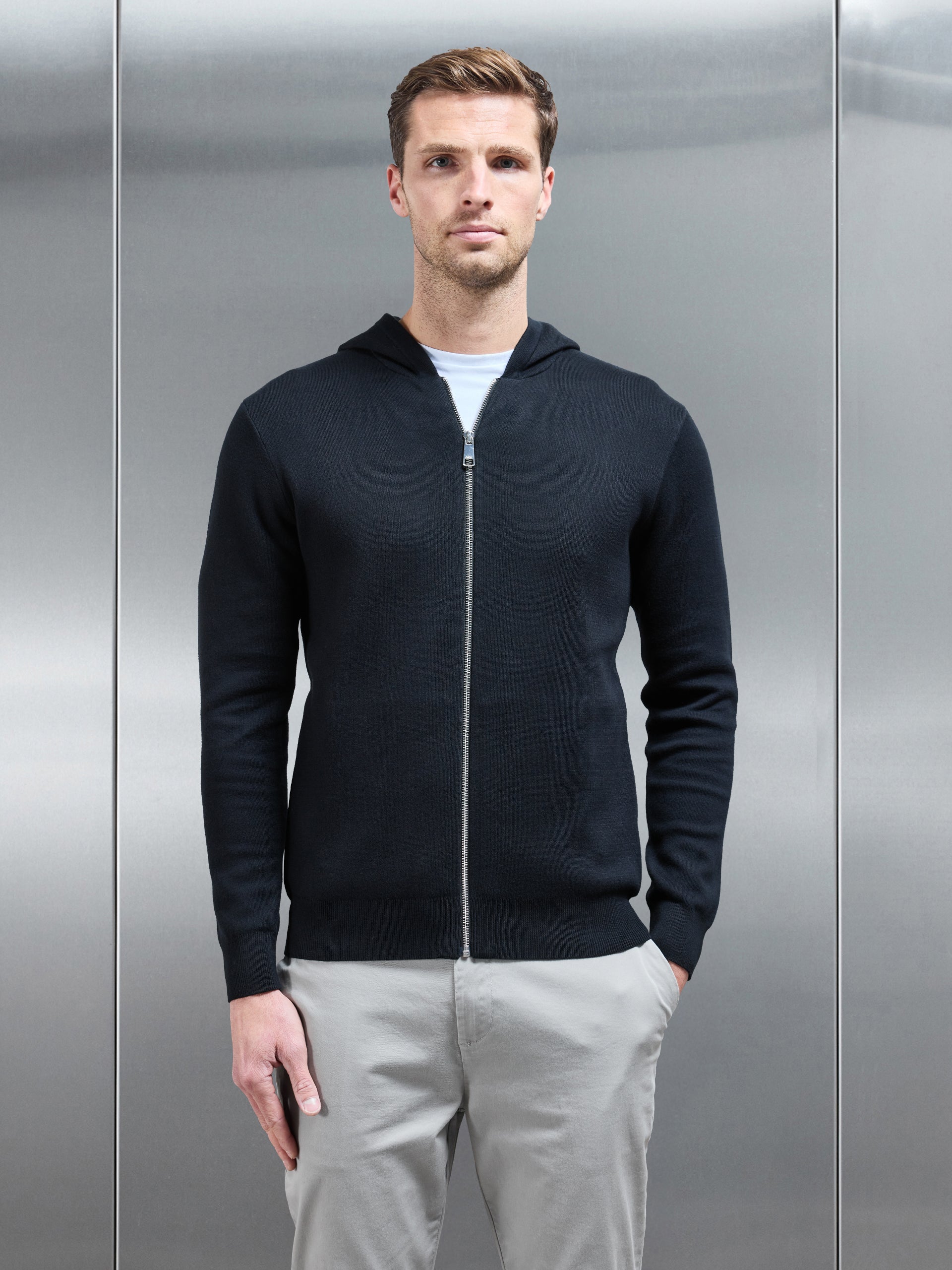 Knitted Zip Through Hoodie in Black