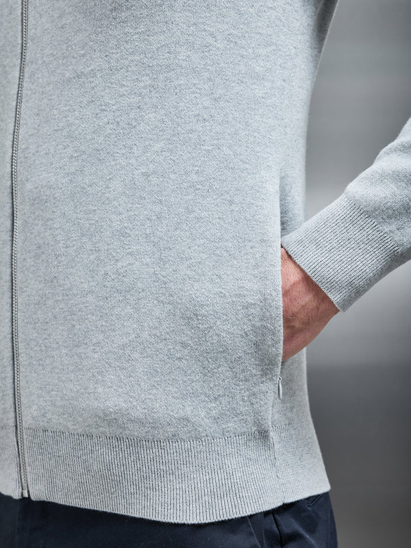 Knitted Zip Through Hoodie in Marl Grey