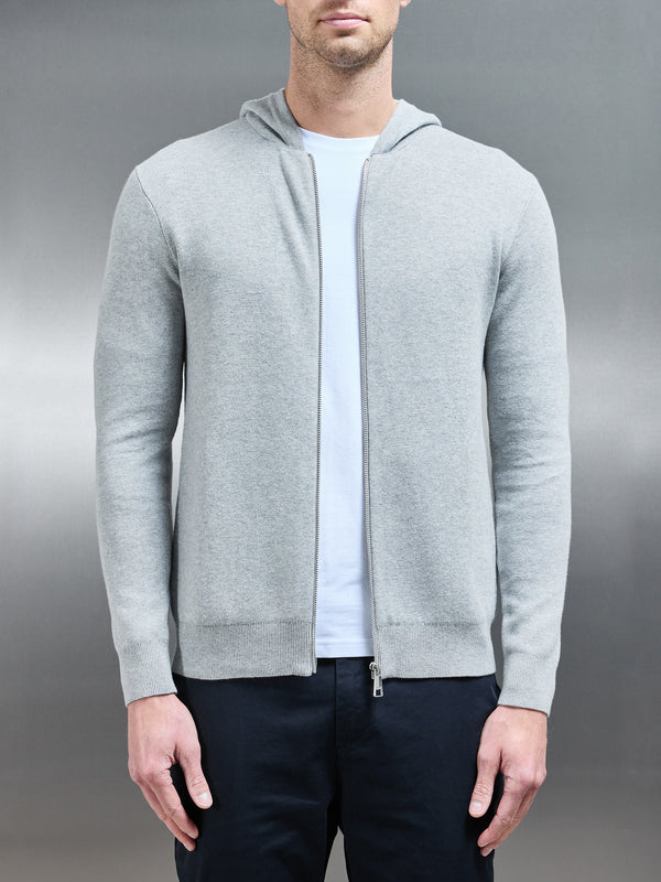 Knitted Zip Through Hoodie in Marl Grey