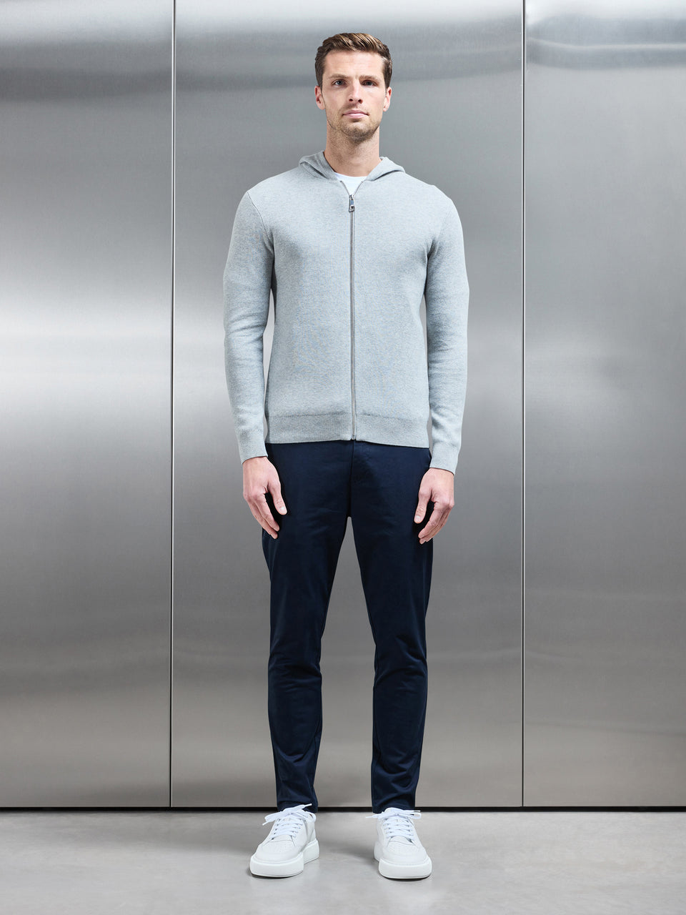 Knitted Zip Through Hoodie in Marl Grey