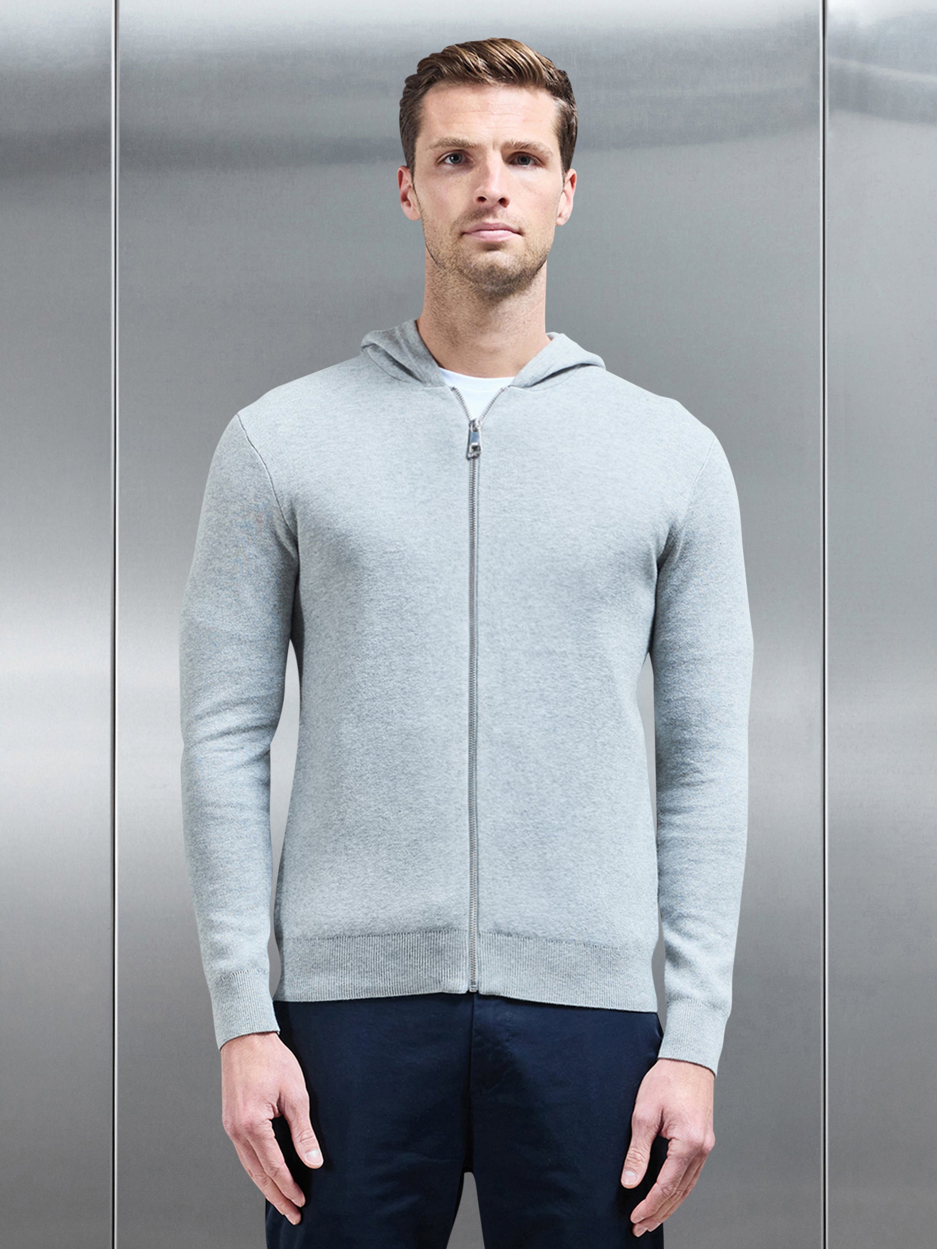 Knitted Zip Through Hoodie in Marl Grey