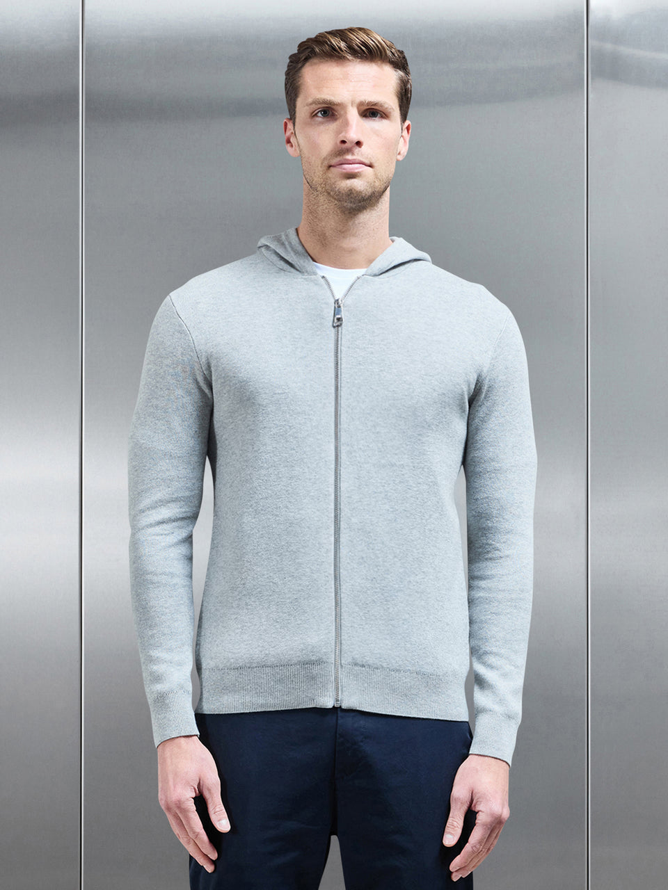 Knitted Zip Through Hoodie in Marl Grey