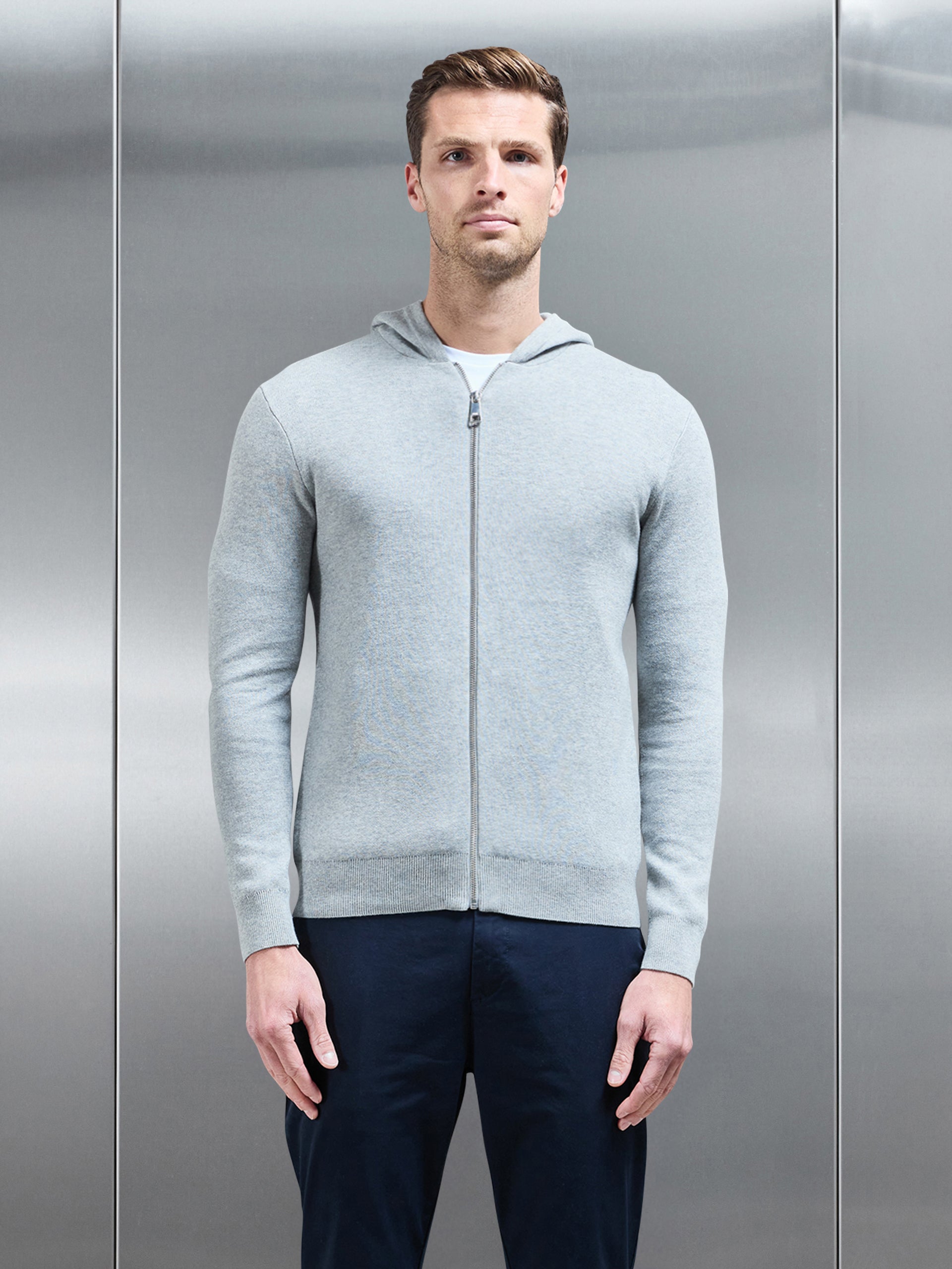 Knitted Zip Through Hoodie in Marl Grey