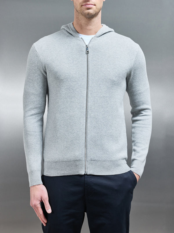 Knitted Zip Through Hoodie in Marl Grey