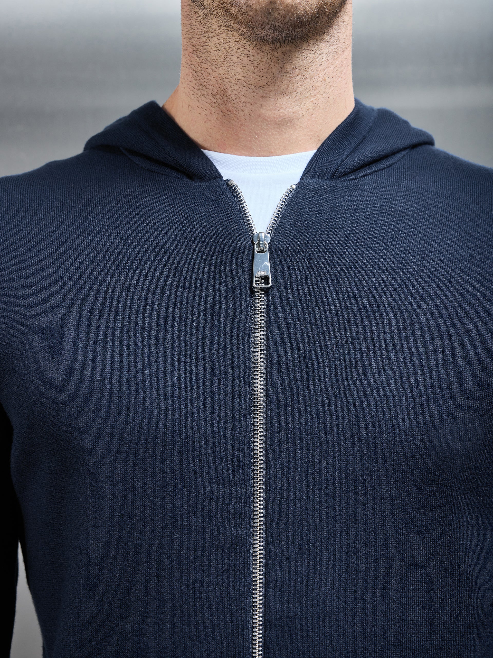 Knitted Zip Through Hoodie in Navy