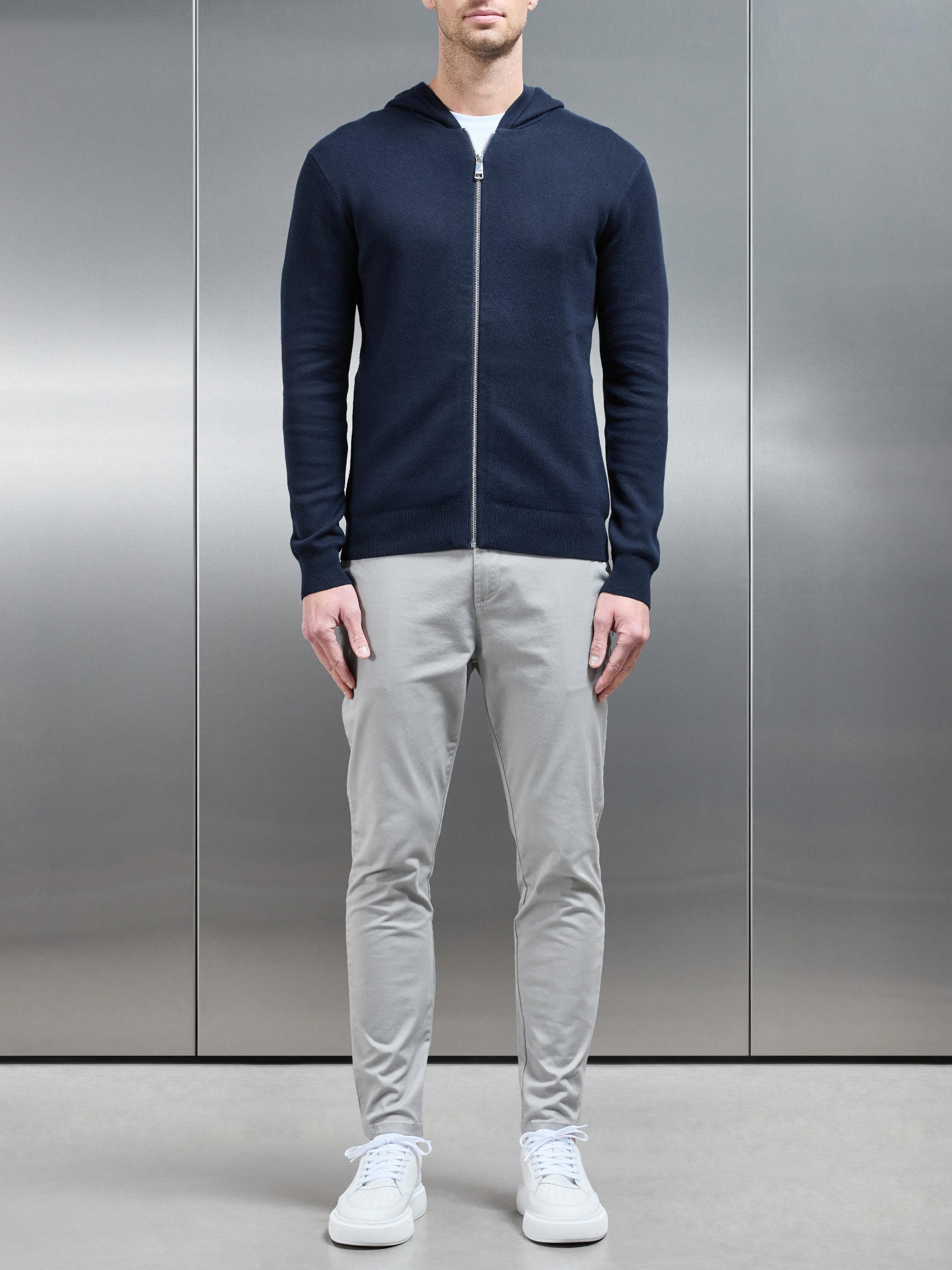 Knitted Zip Through Hoodie in Navy