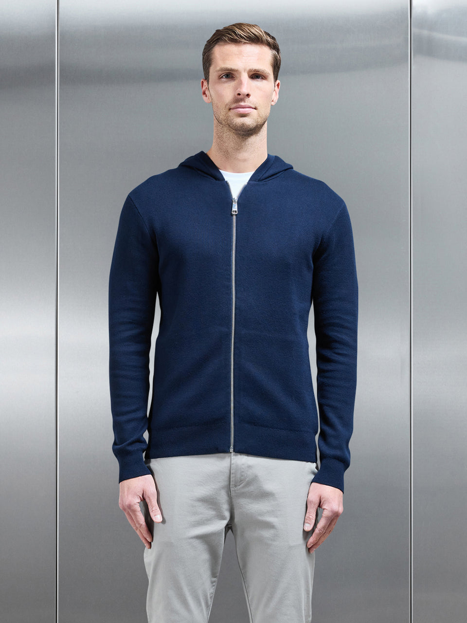 Knitted Zip Through Hoodie in Navy