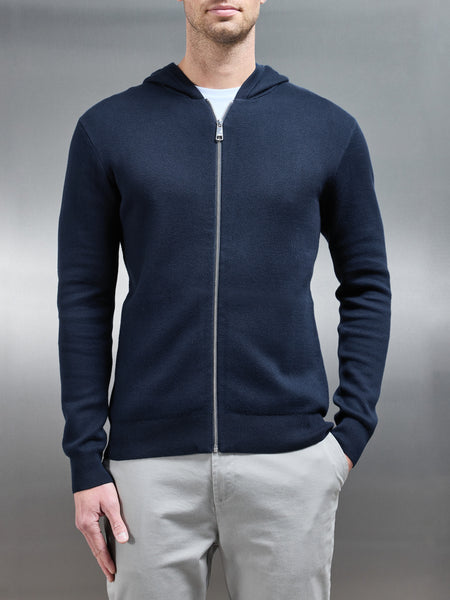 Knitted Zip Through Hoodie in Navy