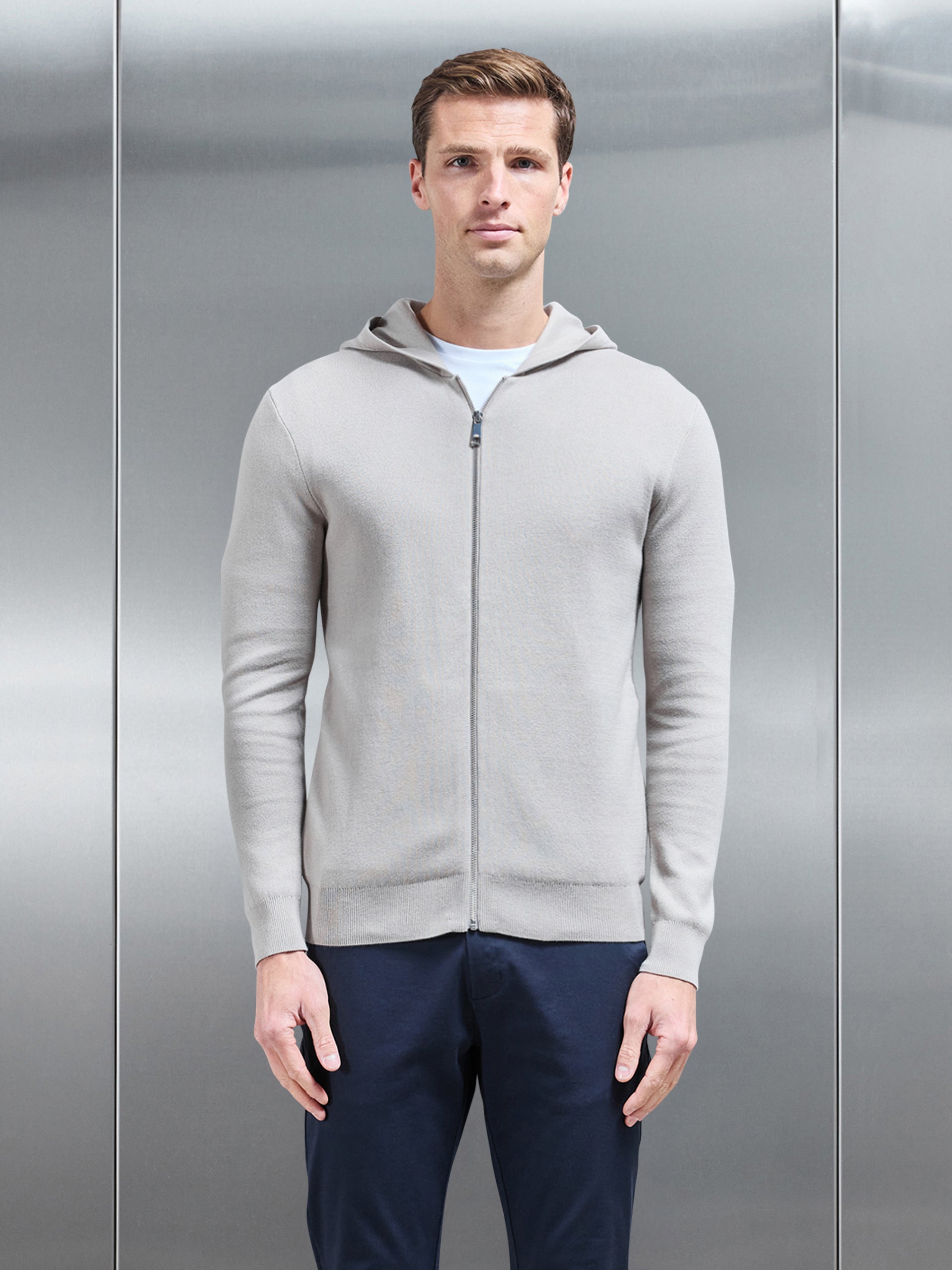 Knitted Zip Through Hoodie in Stone