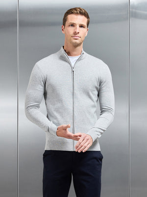 Cotton Knitted Zip Through Jacket in Marl Grey