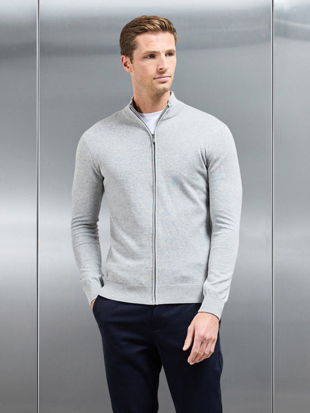 Cotton Knitted Zip Through Jacket in Marl Grey