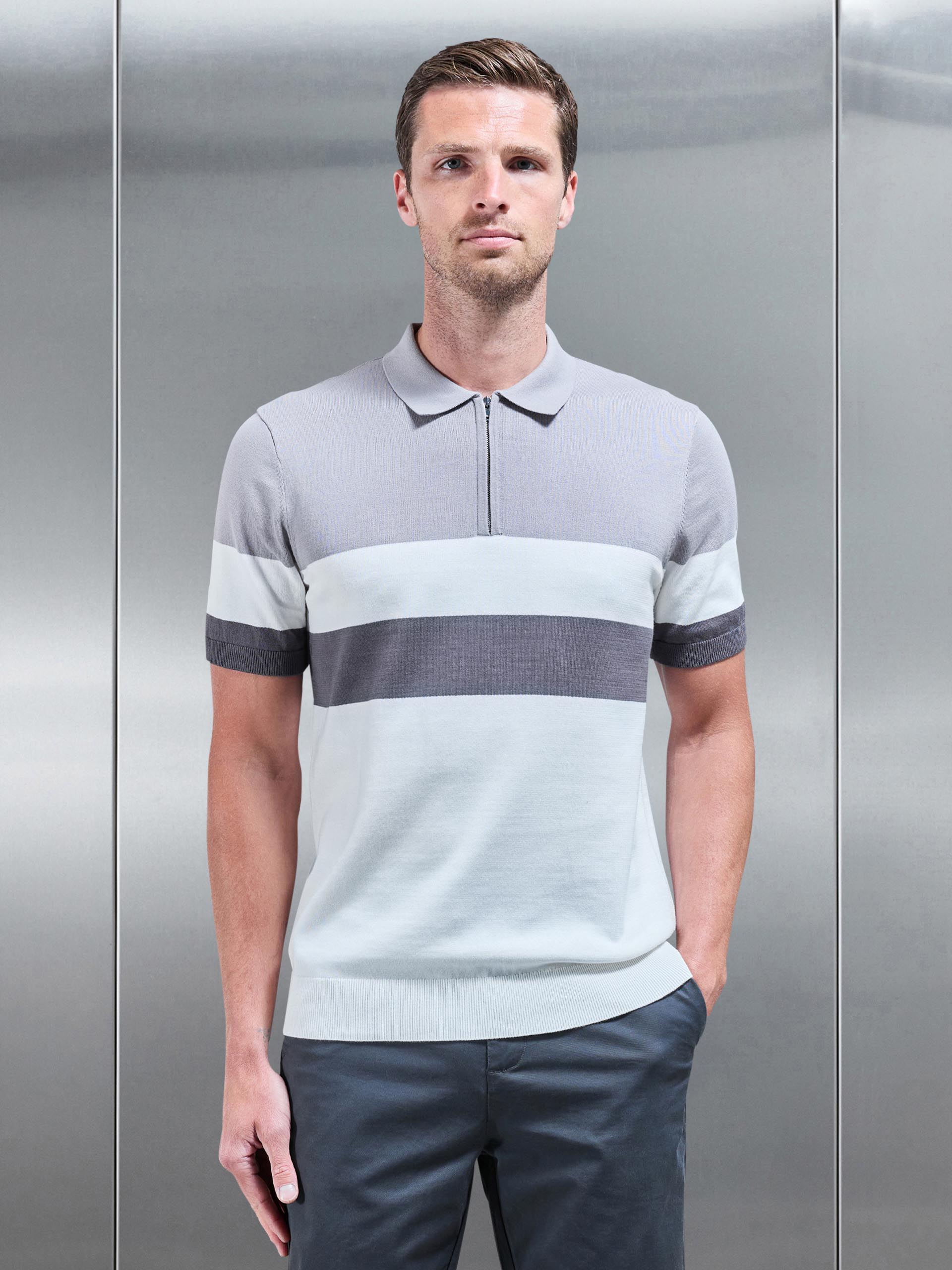 Lario Knitted Zip Polo Shirt in Mid Grey