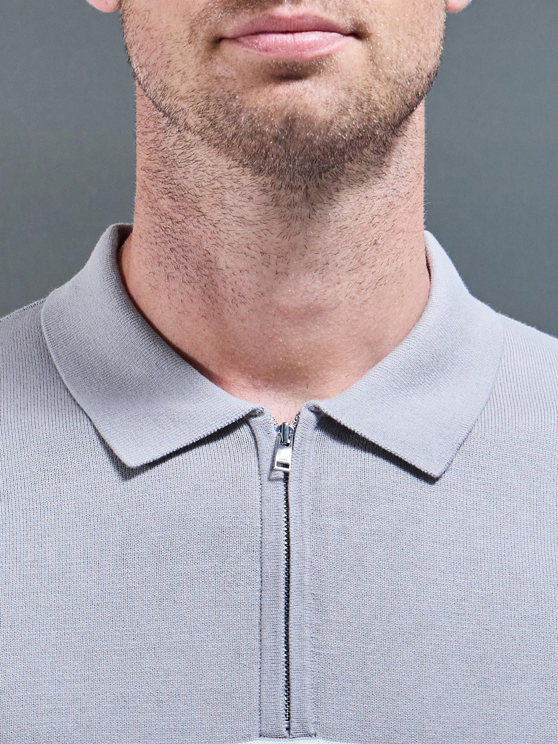 Lario Knitted Zip Polo Shirt in Mid Grey