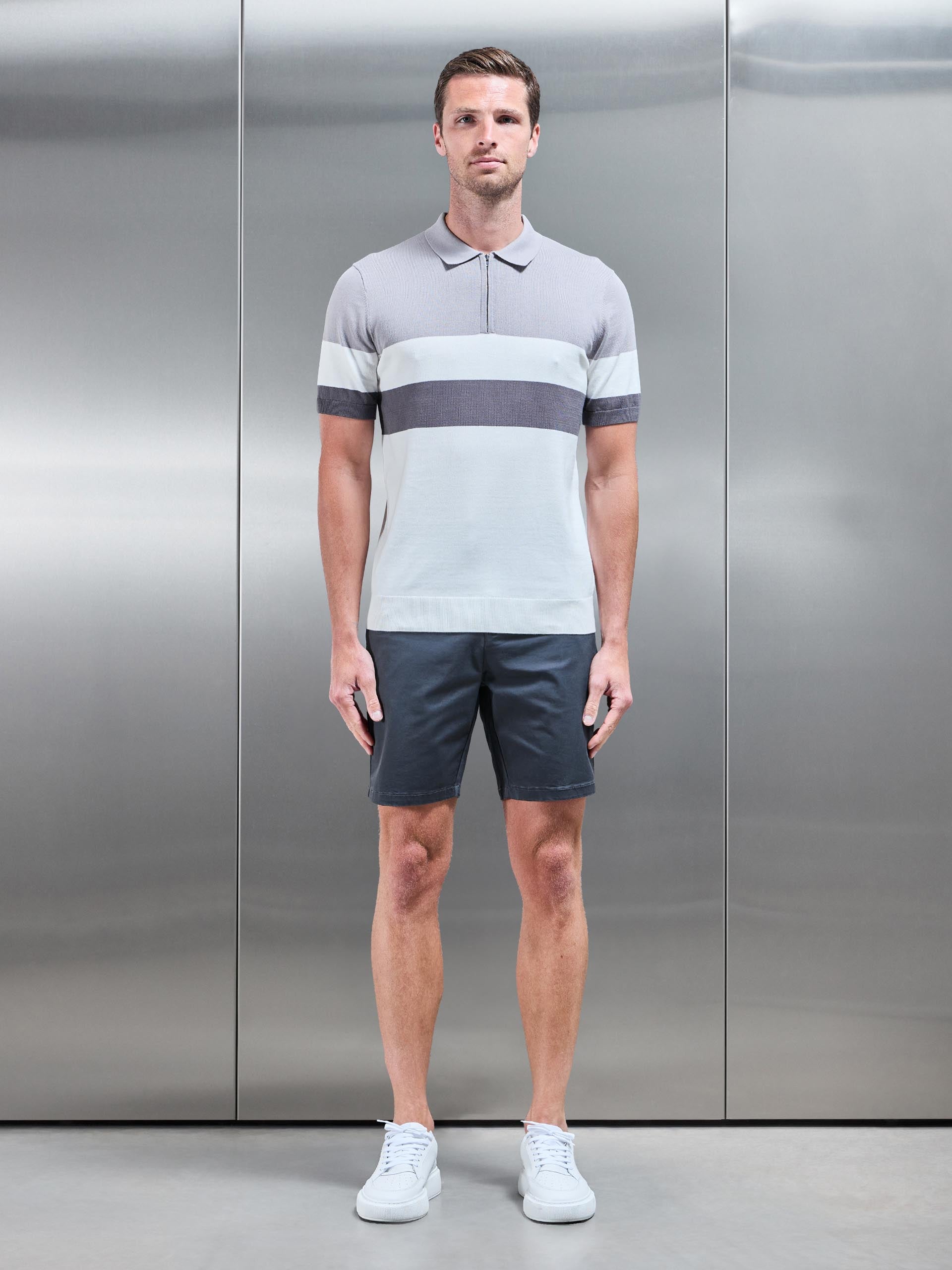 Lario Knitted Zip Polo Shirt in Mid Grey