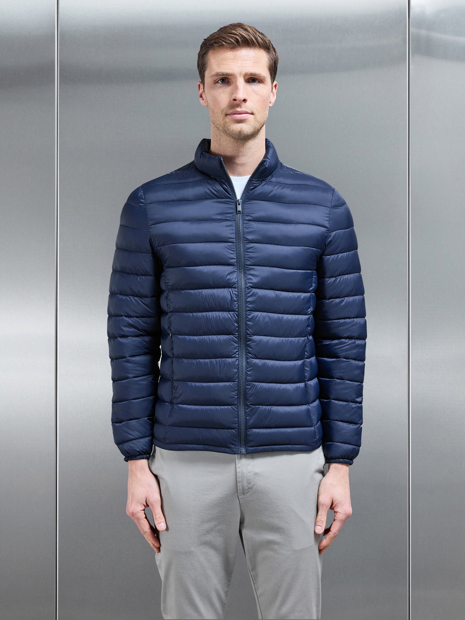 Lightweight Funnel Neck Puffer Jacket in Navy