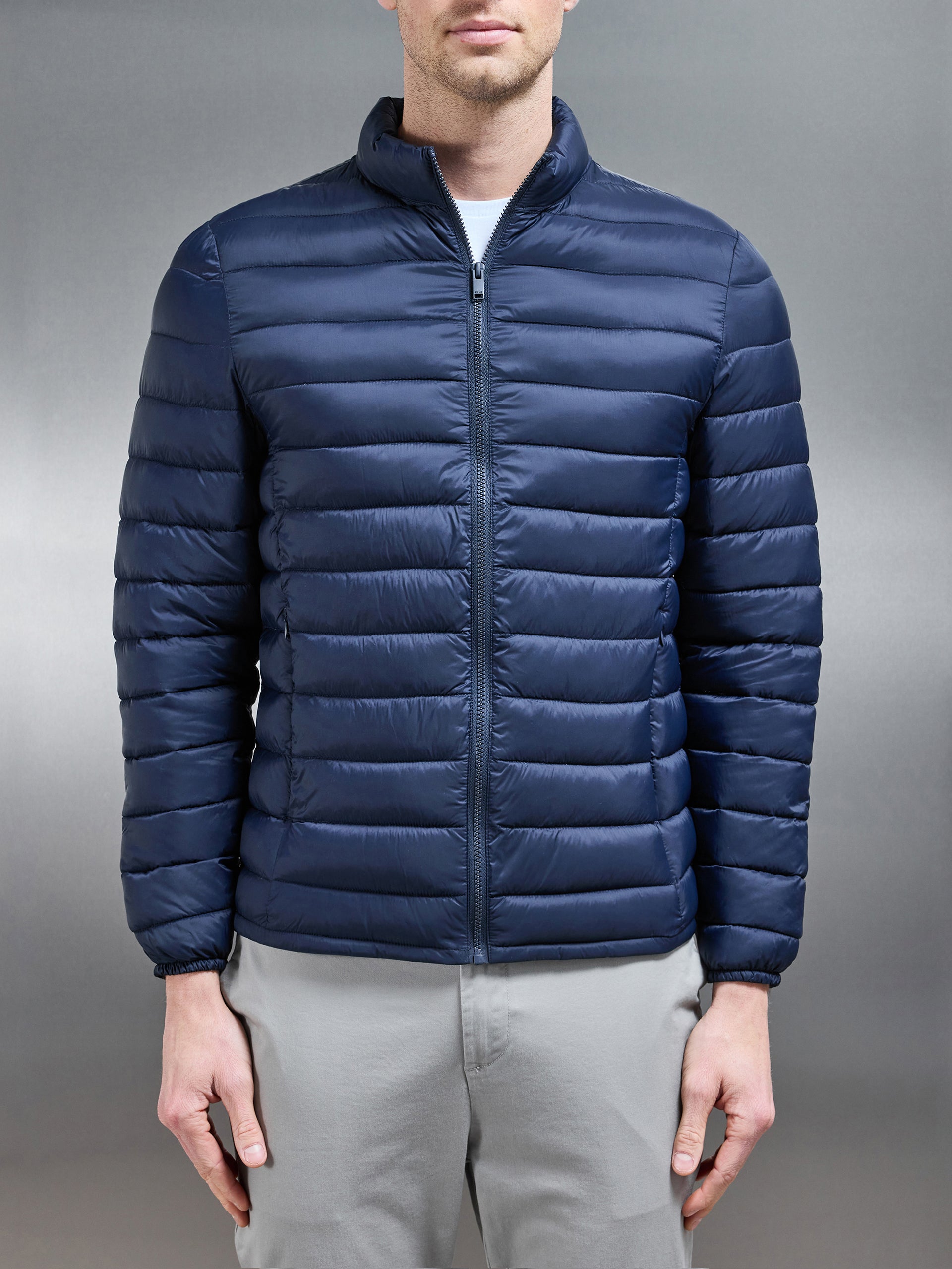 Lightweight Funnel Neck Puffer Jacket in Navy