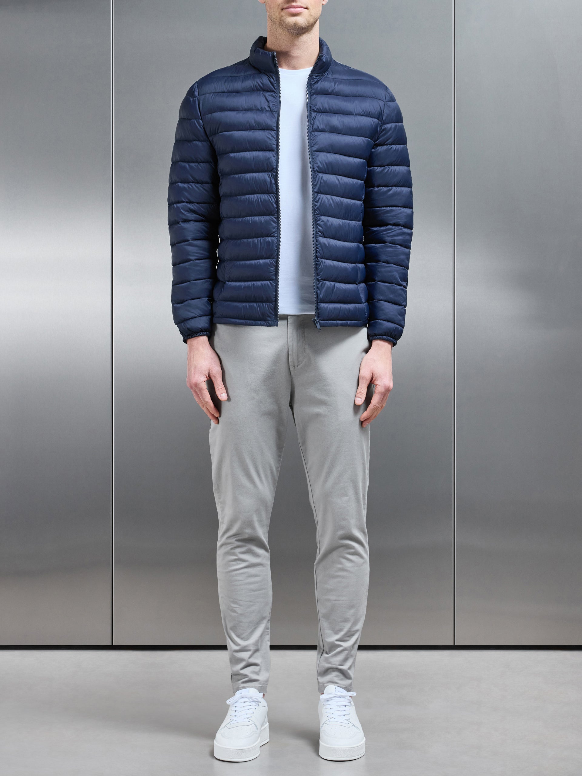 Lightweight Funnel Neck Puffer Jacket in Navy