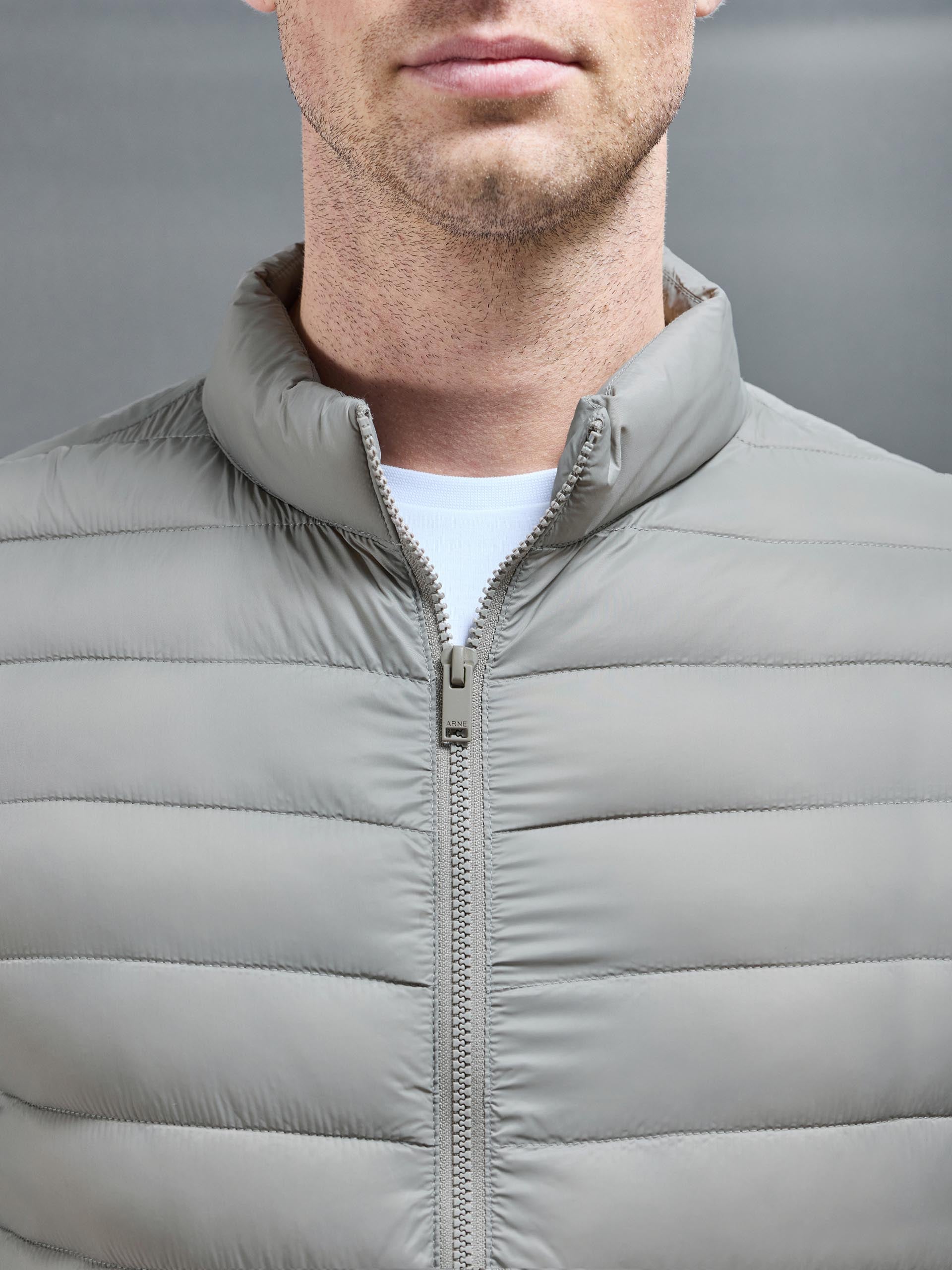 Lightweight Funnel Neck Puffer Jacket in Taupe