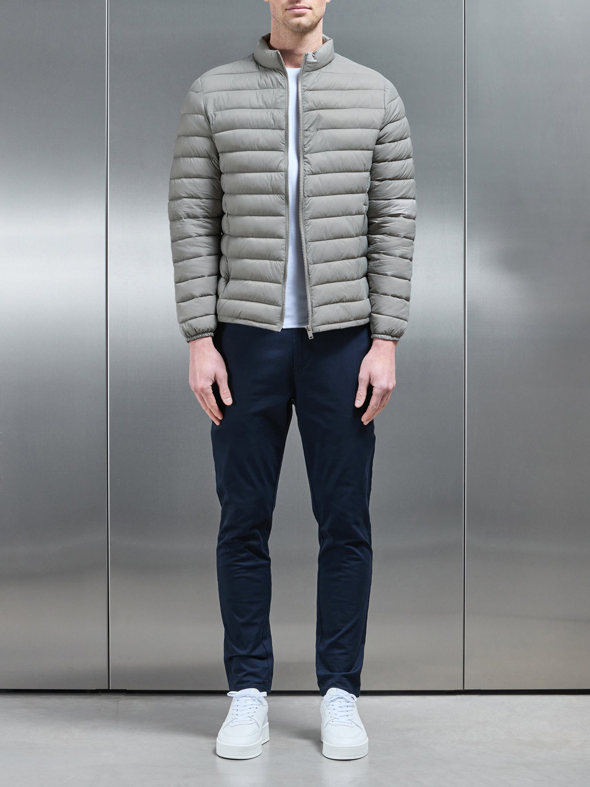 Lightweight Funnel Neck Puffer Jacket in Taupe