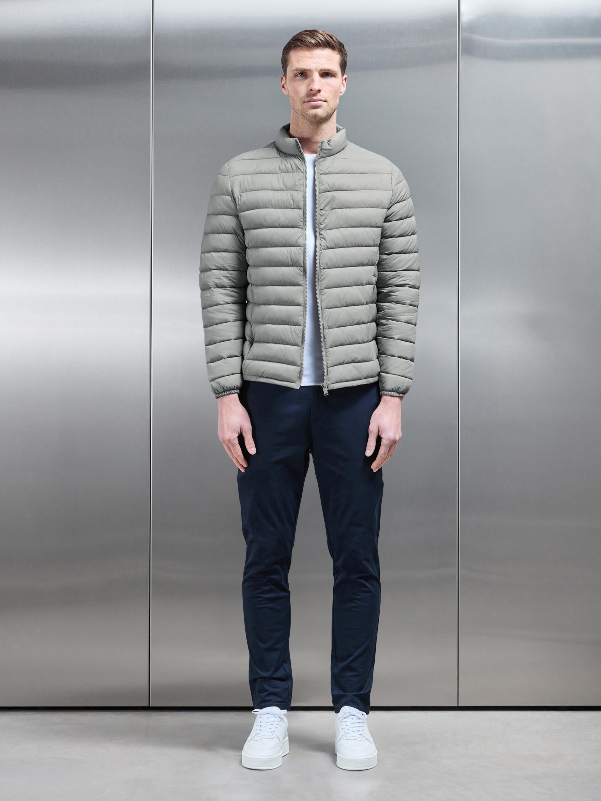 Lightweight Funnel Neck Puffer Jacket in Taupe