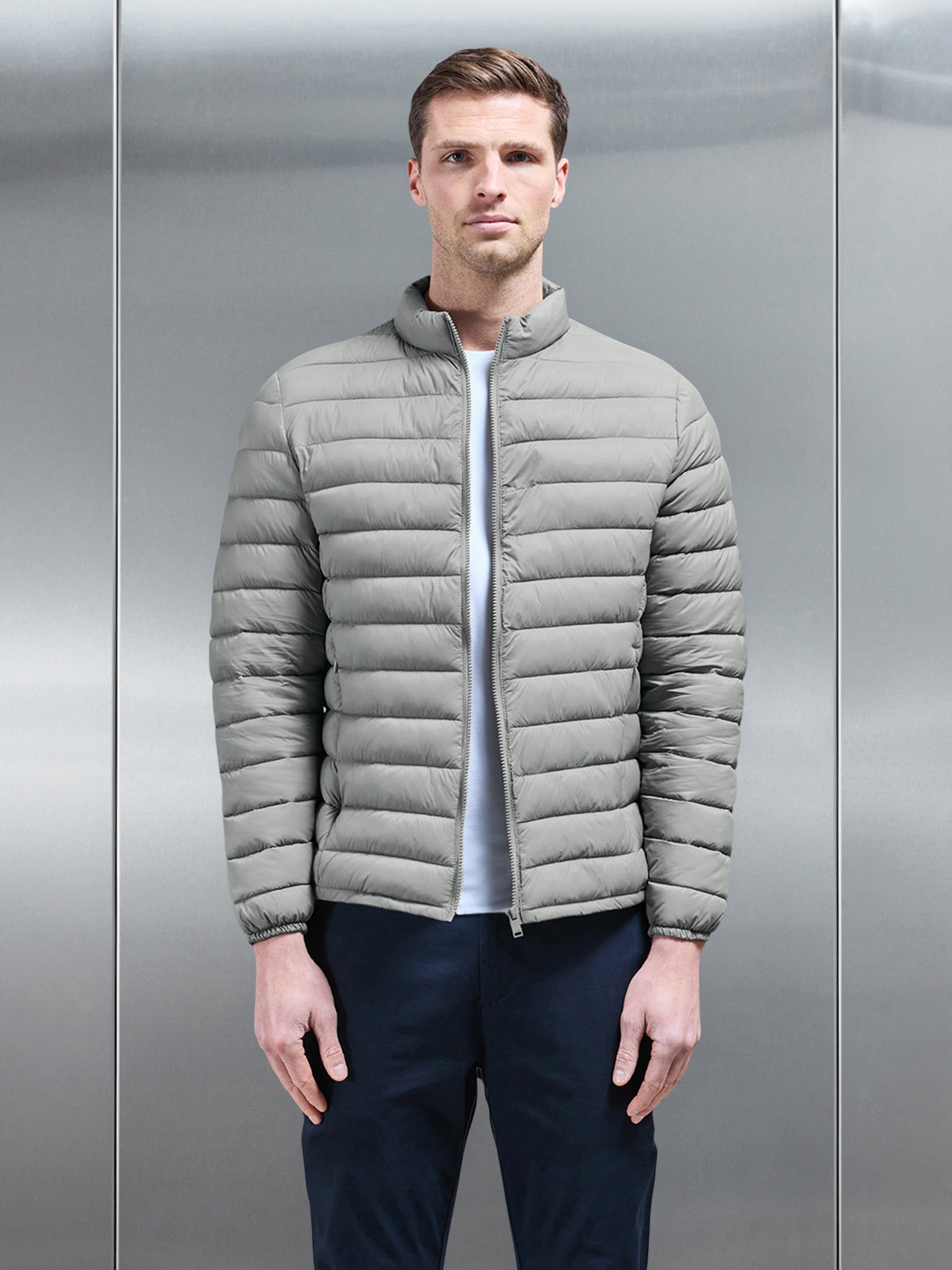 Lightweight Funnel Neck Puffer Jacket in Taupe
