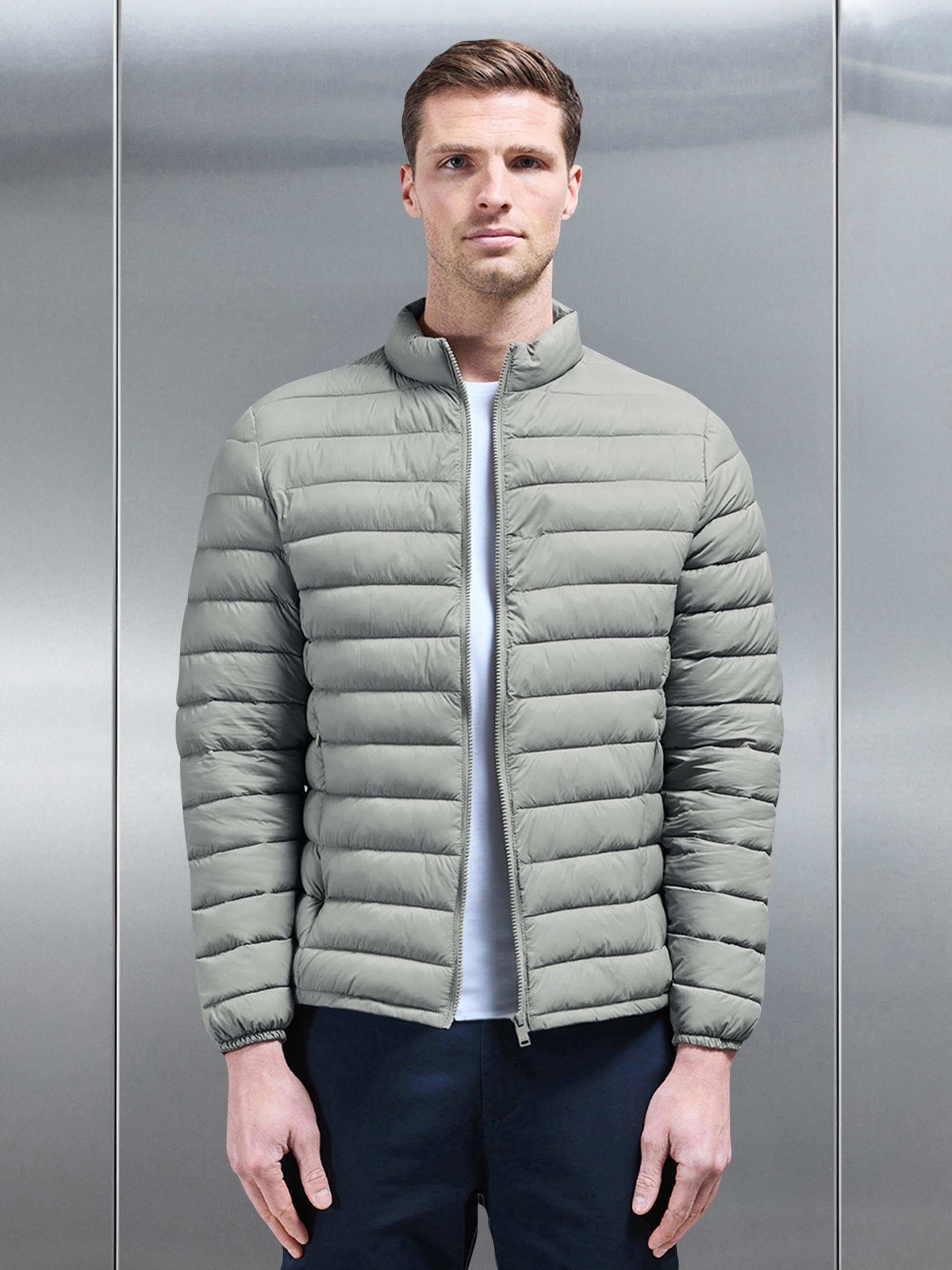 Lightweight Funnel Neck Puffer Jacket in Taupe