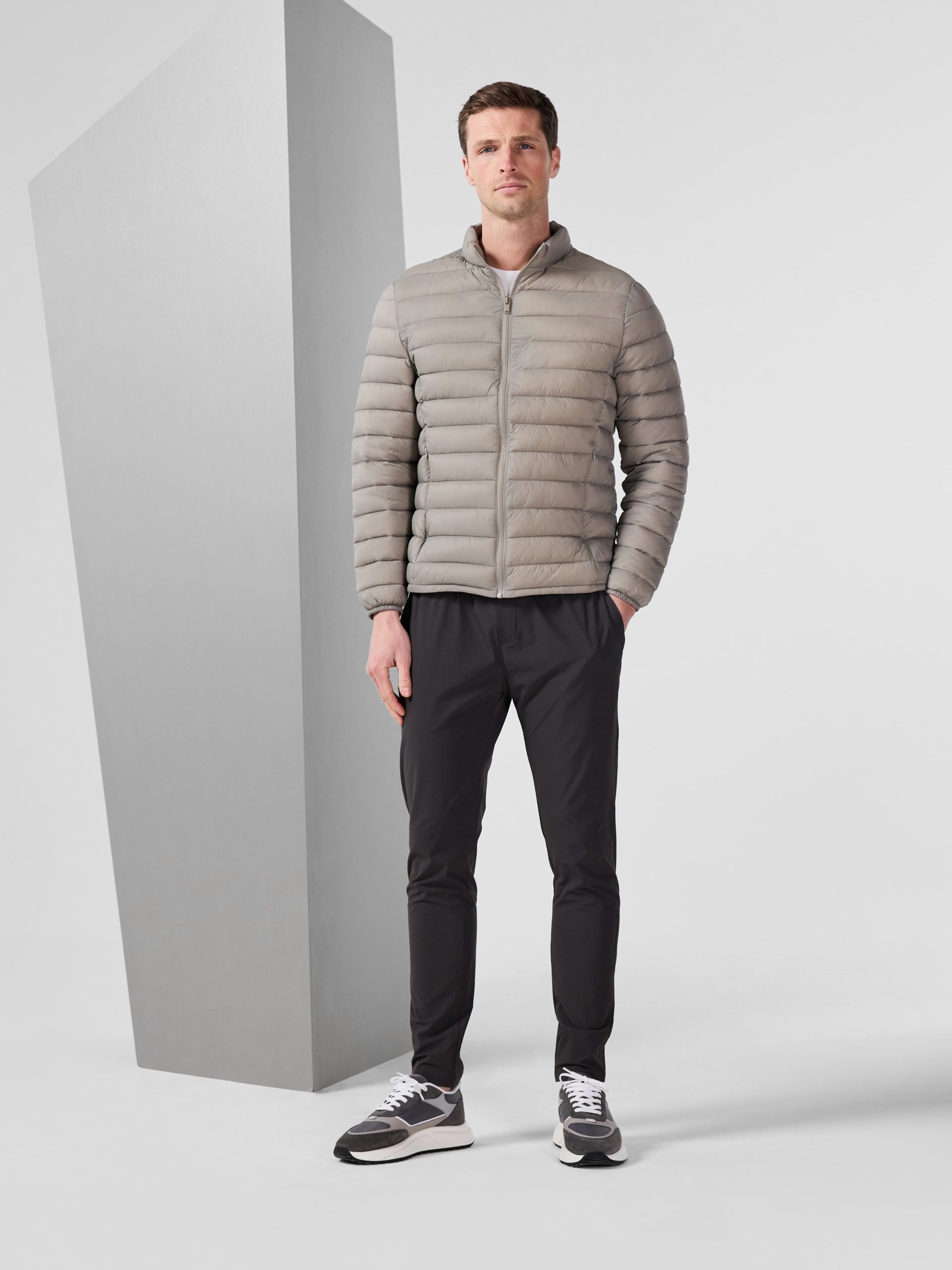 Lightweight Funnel Neck Puffer Jacket in Taupe