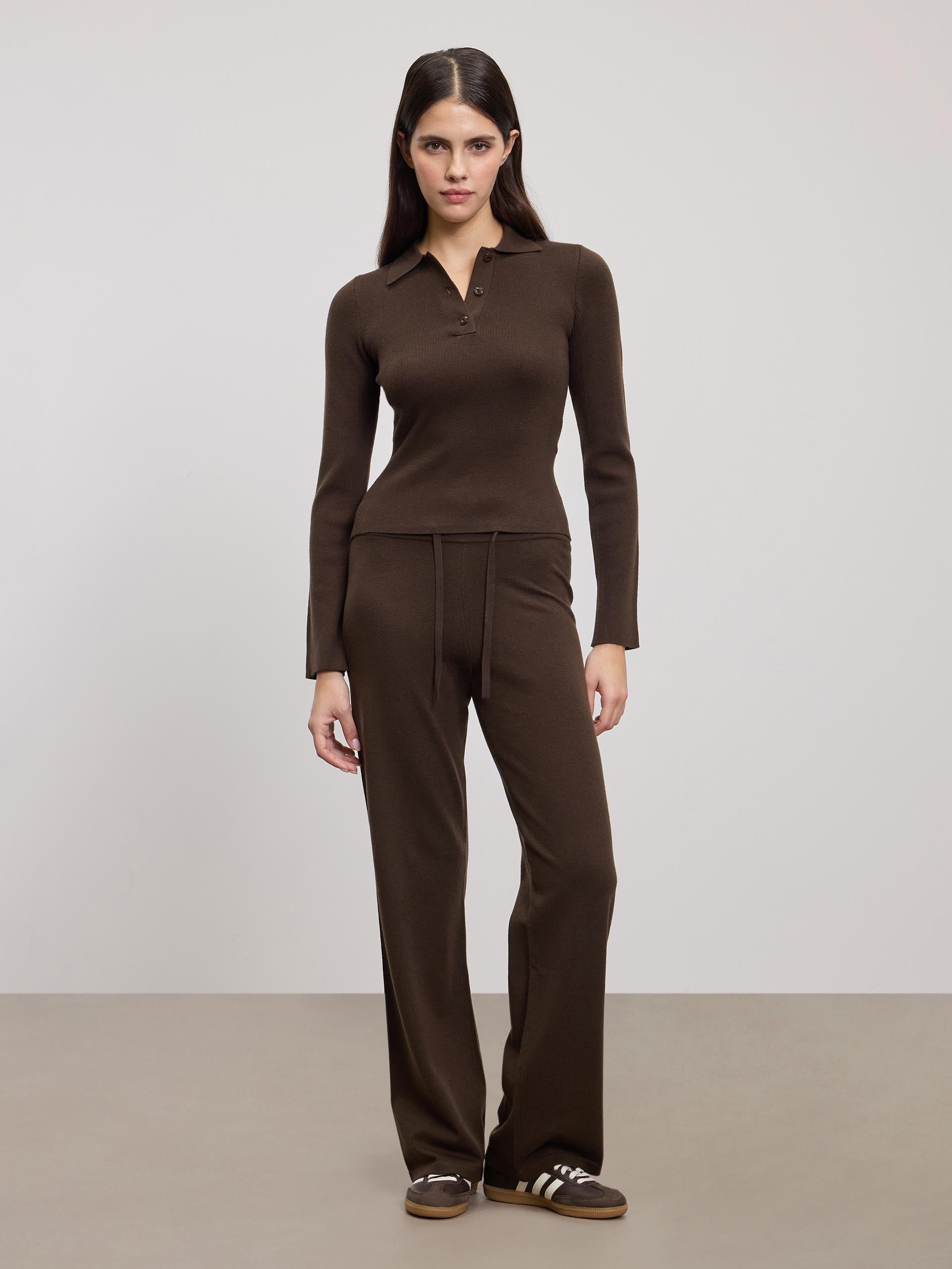 Womens Light Knit Polo Shirt in Brown