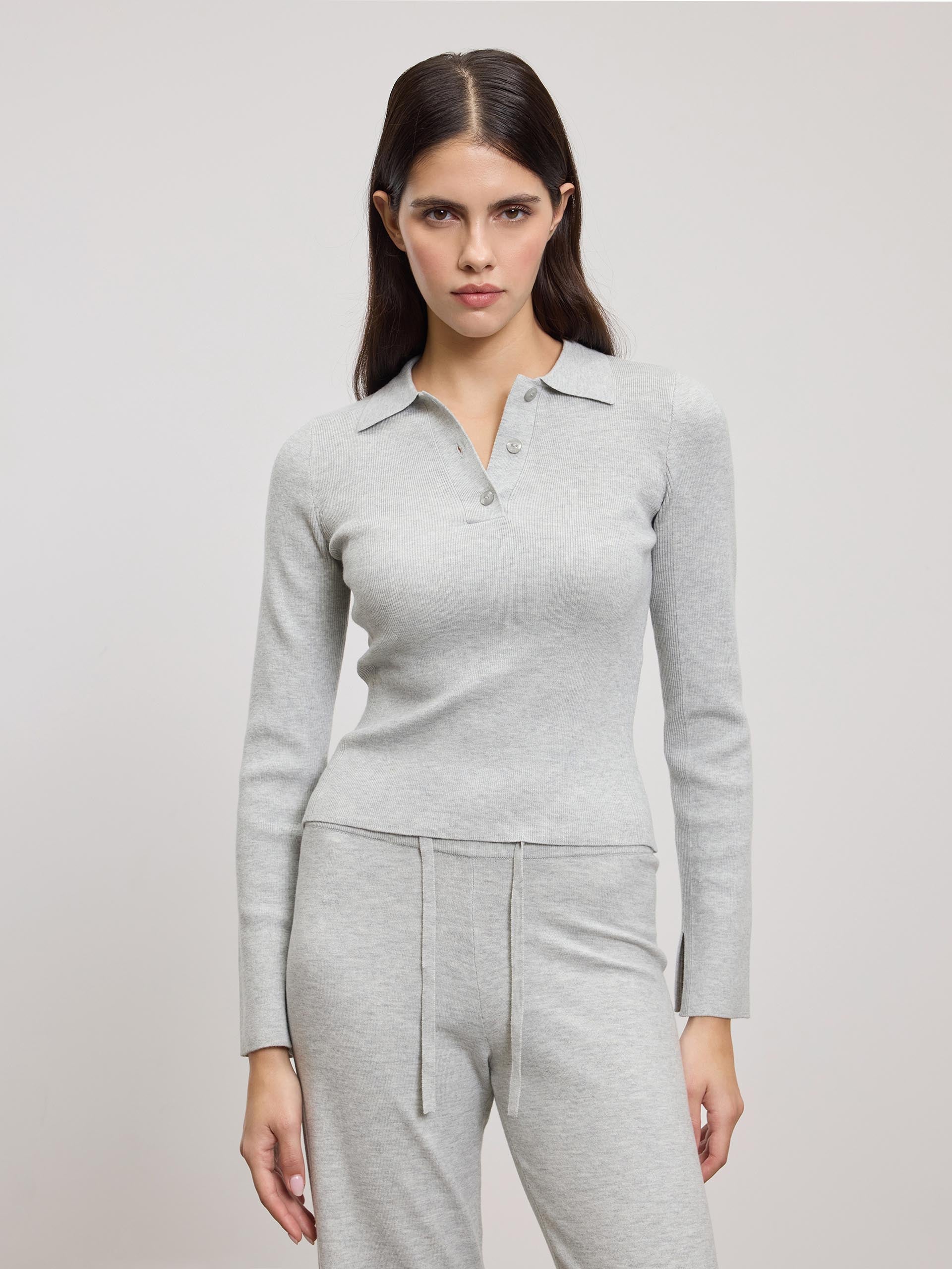 Womens Light Knit Polo Shirt in Marl Grey