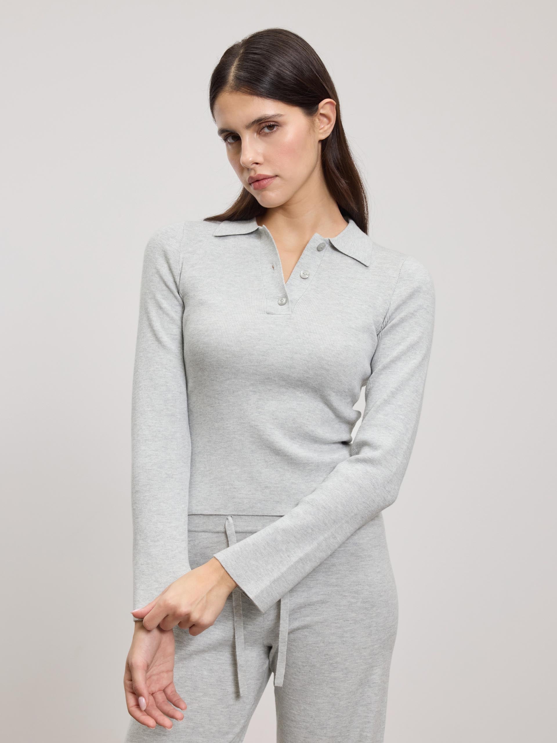 Womens Light Knit Polo Shirt in Marl Grey